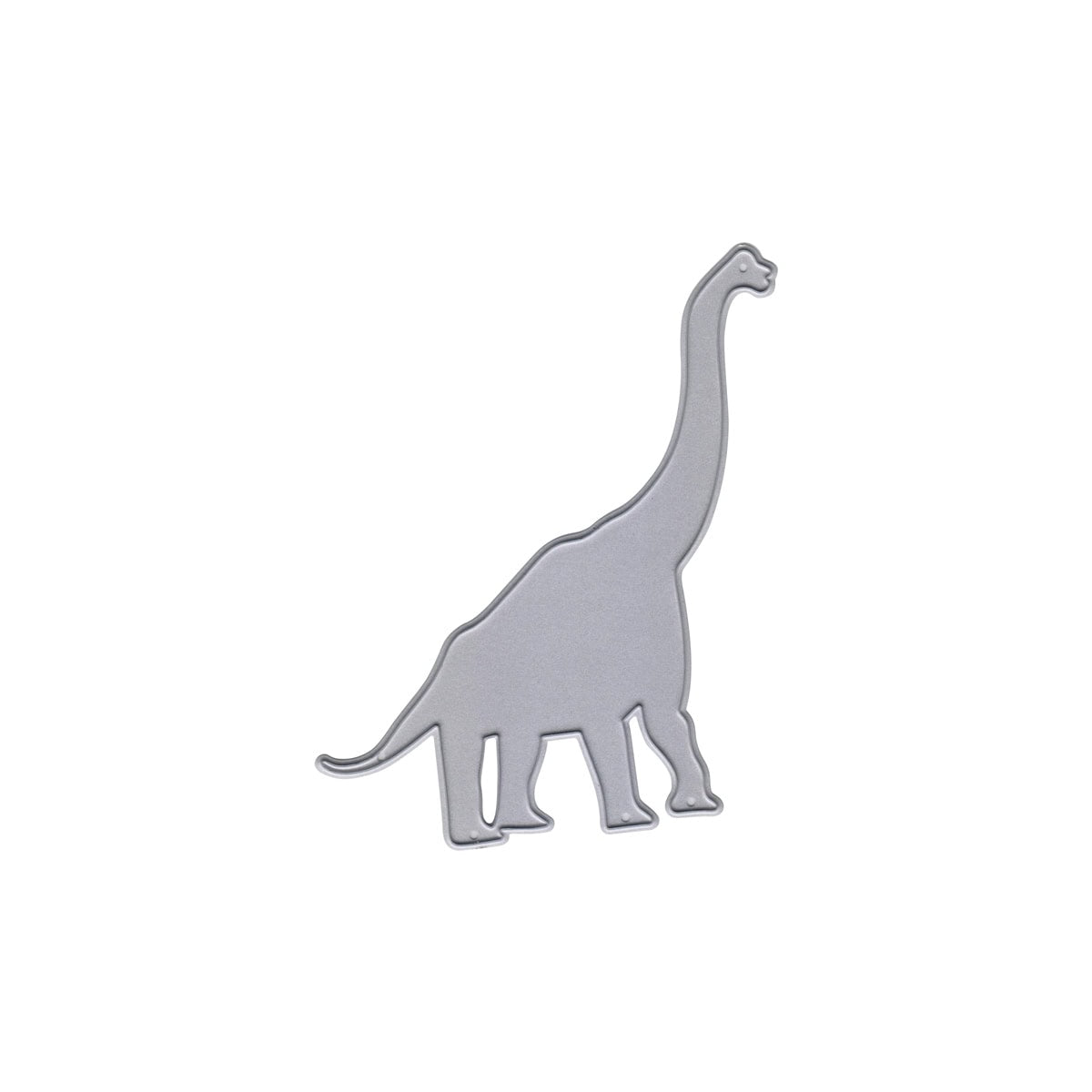 Eine flache, silberne "Stanzschablone Dino mit langem Hals" von Stanzenshop.de zeigt einen langhalsigen Dinosaurier rechts auf weiß - ideal für Dino-Fans oder Kinderkarten-Sammelalben mit prähistorischem Charme.