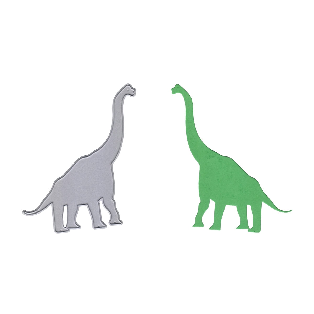 Die Stanzschablone Dino mit langem Hals von Stanzenshop.de zeigt silberne und grüne Sauropoden-Silhouetten nebeneinander auf weißem Grund - ideal für Kinderkarten-Deko oder Dino-Fans, die ihre Scrapbooks dekorieren wollen.