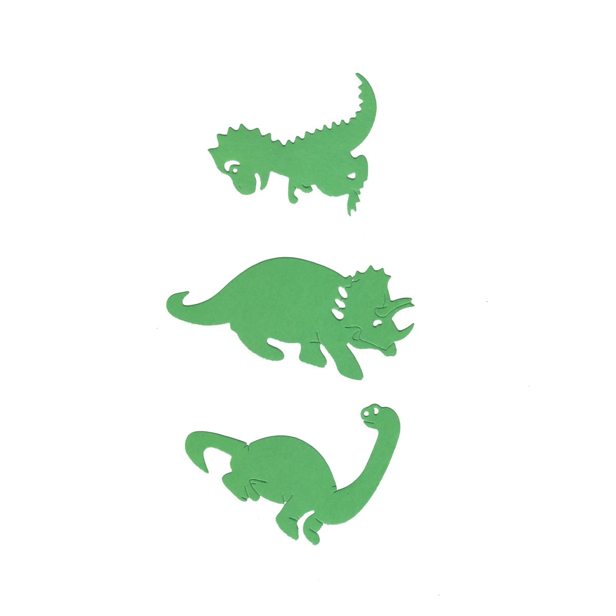 Die Stanzschablone Dino-Trio von Stanzenshop.de besteht aus drei grünen Dinosaurierausschnitten, ideal für Scrapbooking oder kreative Dekoration am Kindergeburtstag - Teil der Dino Bastelwelt Kollektion.