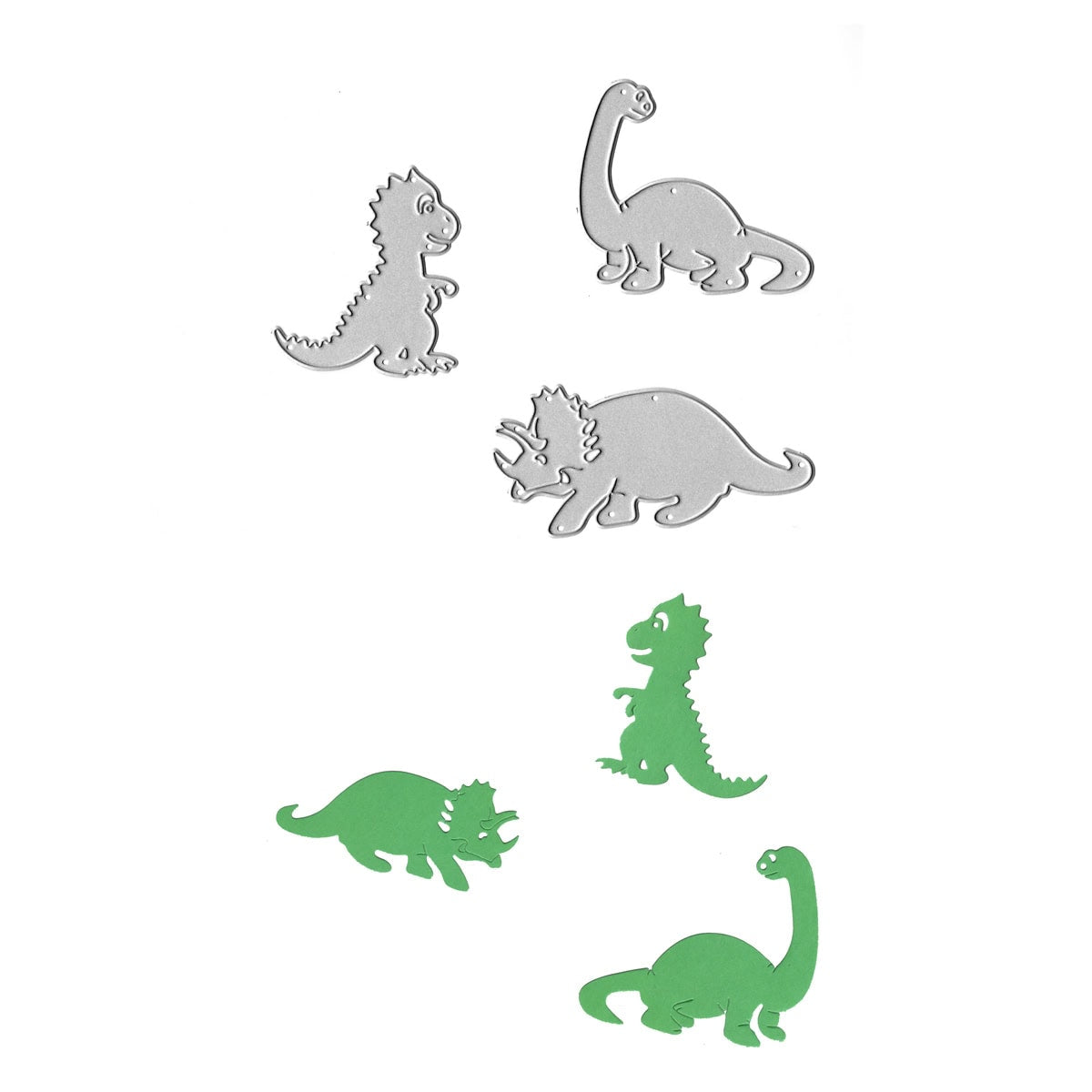 Sechs Dinosaurierausschnitte aus der Stanzschablone Dino-Trio von Stanzenshop.de - drei silberne, drei grüne - zeigen Sauropoden-, Theropoden- und Ceratopoden-Motive. Ideal für Kindergeburtstagsdekorationen oder Scrapbooking. Arrangiert auf weißem Hintergrund.
