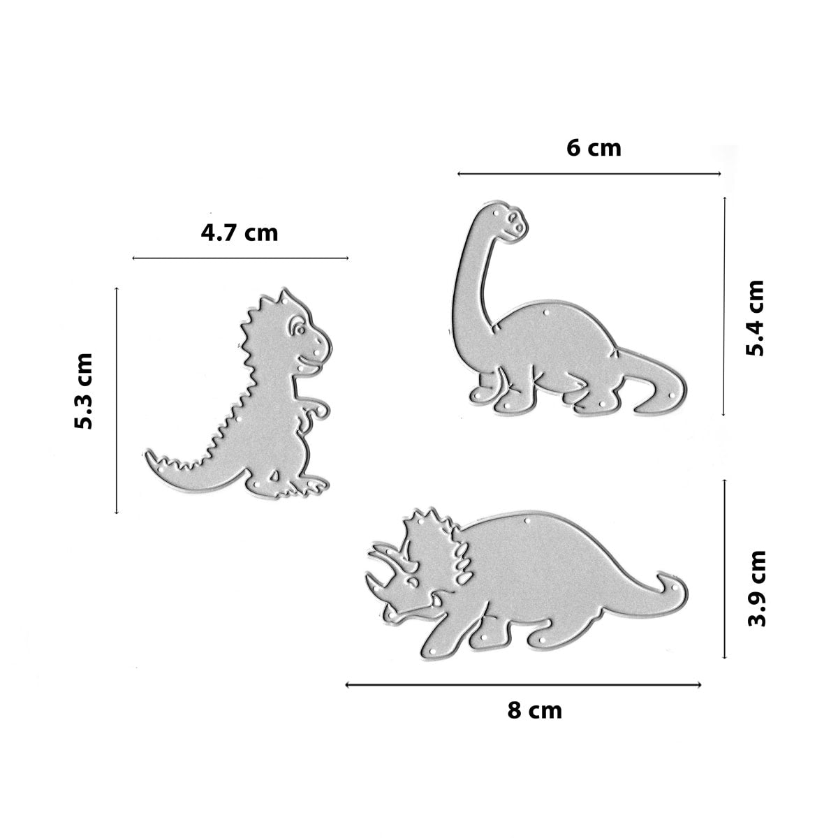 Die Stanzschablone Dino-Trio von Stanzenshop.de enthält drei Dinosaurier-Stanzteile aus Metall (4,7x5,3 cm, 6x5,4 cm, 8x3,9 cm) - ideal für Scrapbooking oder kreative Kindergeburtstagsprojekte.