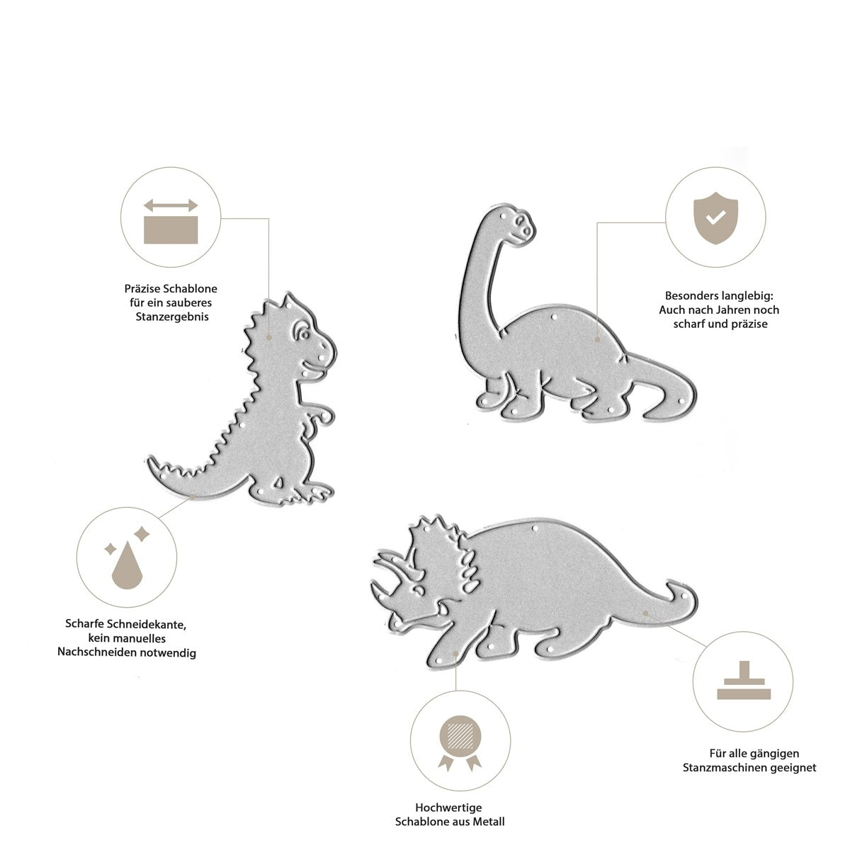 Die Stanzenschablone Dino-Trio von Stanzenshop.de enthält drei präzise, langlebige Dinosaurier-Formen - ideal für Stanzmaschinen. Perfekt für Scrapbooking oder kreative Kindergeburtstagsprojekte in der Dino Bastelwelt.