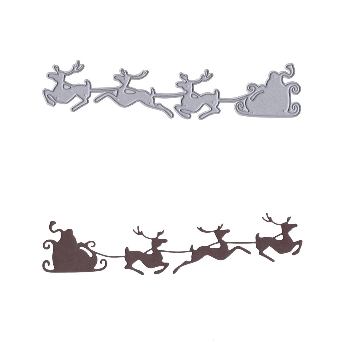 Zwei Stanzschablonen Rentierschlitten mit Weihnachtsmann von Stanzenshop.de - eine silberne und eine dunkelbraune - bringen festliche Stimmung auf einen weißen Hintergrund, wobei der Schlitten des Weihnachtsmanns und die drei Rentiere echten Weihnachtszauber verbreiten.