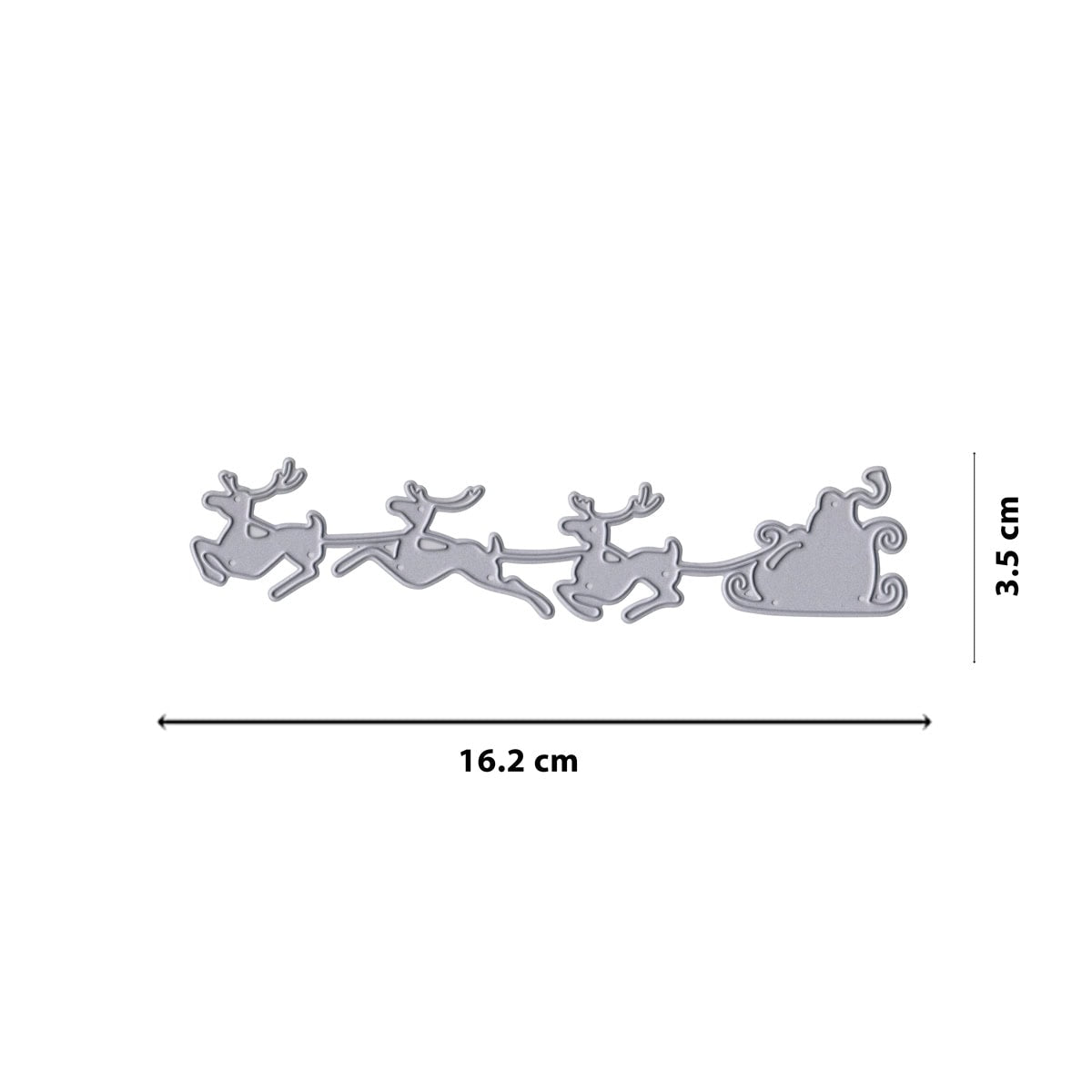 Die Stanzschablone Rentierschlitten mit Weihnachtsmann von Stanzenshop.de ist eine Metallstanze mit drei Rentieren, die einen Schlitten ziehen, ideal für Weihnachtsbasteleien. Sie misst 16,2 x 3,5 cm und wird auf einem weißen Hintergrund dargestellt.