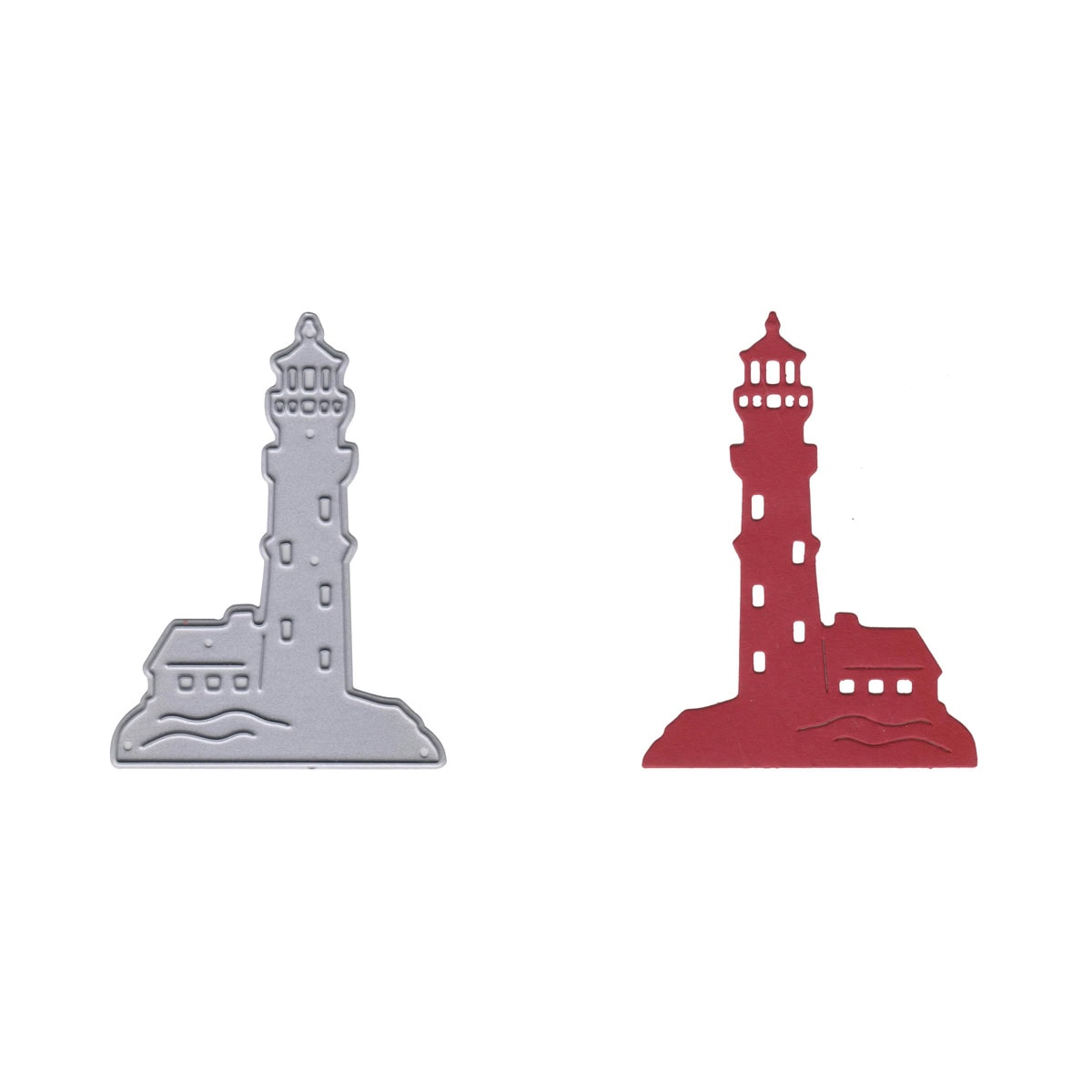 Eine graue Metall-Stanzschablone Leuchtturm am Meer von Stanzenshop.de und ein roter Papierausschnitt, beide in Form eines Leuchtturms mit aufgesetztem Gebäude und Fenstern - ideale maritime Akzente für Bastelprojekte.