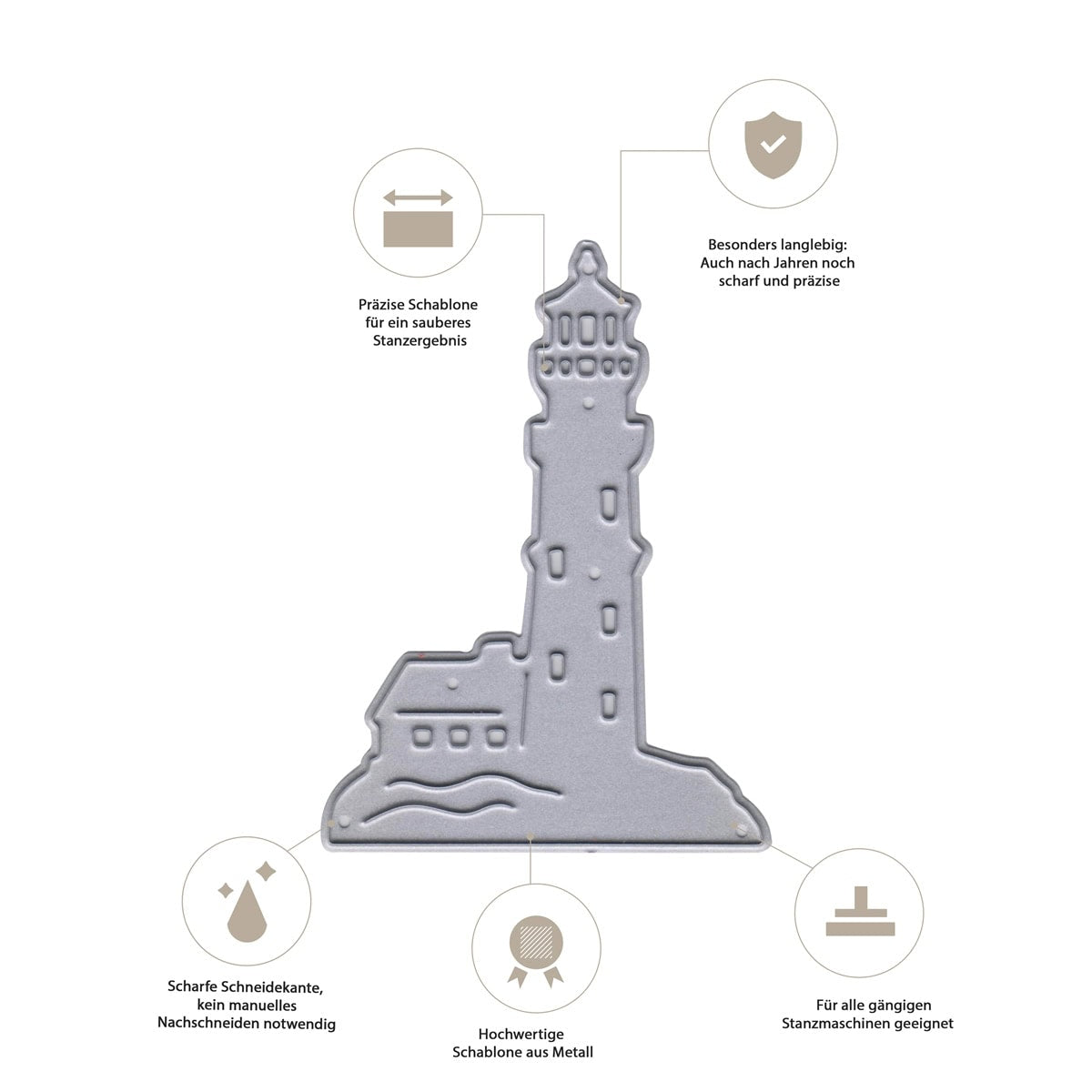 Die Stanzschablone Leuchtturm am Meer von Stanzenshop.de bietet langlebiges, hochwertiges Metall für präzise, scharfe Schnitte - ideal für maritime Bastelarbeiten oder Leuchtturm-Bastelprojekte und kompatibel mit den meisten Stanzmaschinen.