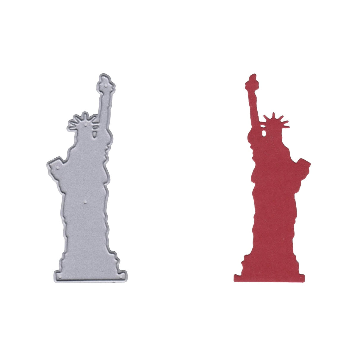 Eine silberne "Stanzschablone Freiheitsstatue" von Stanzenshop.de und ein roter Freiheitsstatue-Ausschnitt werden nebeneinander auf Weiß gezeigt - tolle Akzente für Bastelprojekte oder Reisealben.