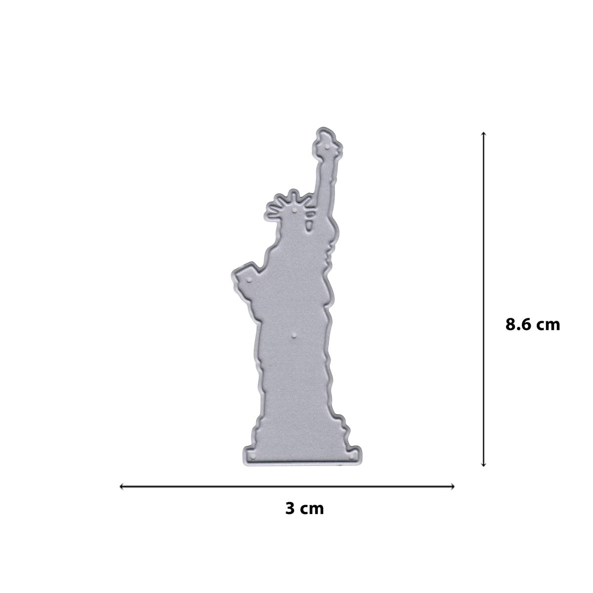 Die Stanzschablone Freiheitsstatue von Stanzenshop.de ist ein silberner Metallausschnitt der Freiheitsstatue (8,6 cm x 3 cm), ideal für Reisealben oder Bastelprojekte, mit beschrifteten Maßen zur einfachen Verwendung.
