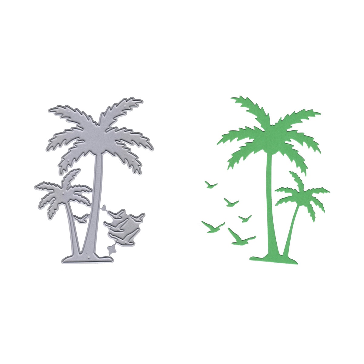 Eine silberne "Stanzschablone Palmen mit fliegenden Vögeln" von Stanzenshop.de und ein grüner Papierausschnitt, beide mit Palmen und Vögeln, sorgen für tropisches Flair, wenn sie nebeneinander auf weißem Untergrund stehen.