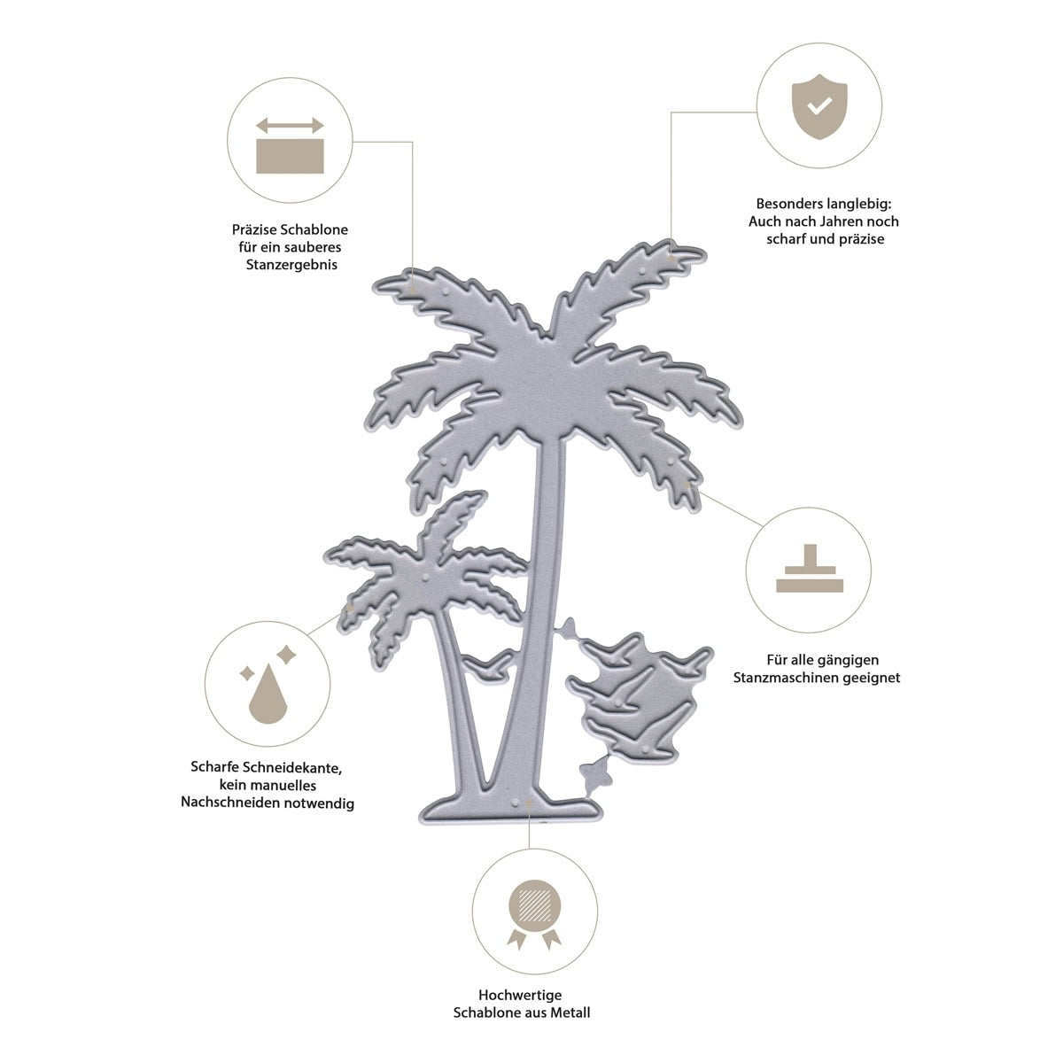 Die Stanzschablone Palmen mit fliegenden Vögeln von Stanzenshop.de schneidet präzise Palmen, Vögel und Hängematte - ideal für sommerliche Karten. Deutsche Icons zeigen Haltbarkeit, Präzision und Kompatibilität für tropisches Flair.