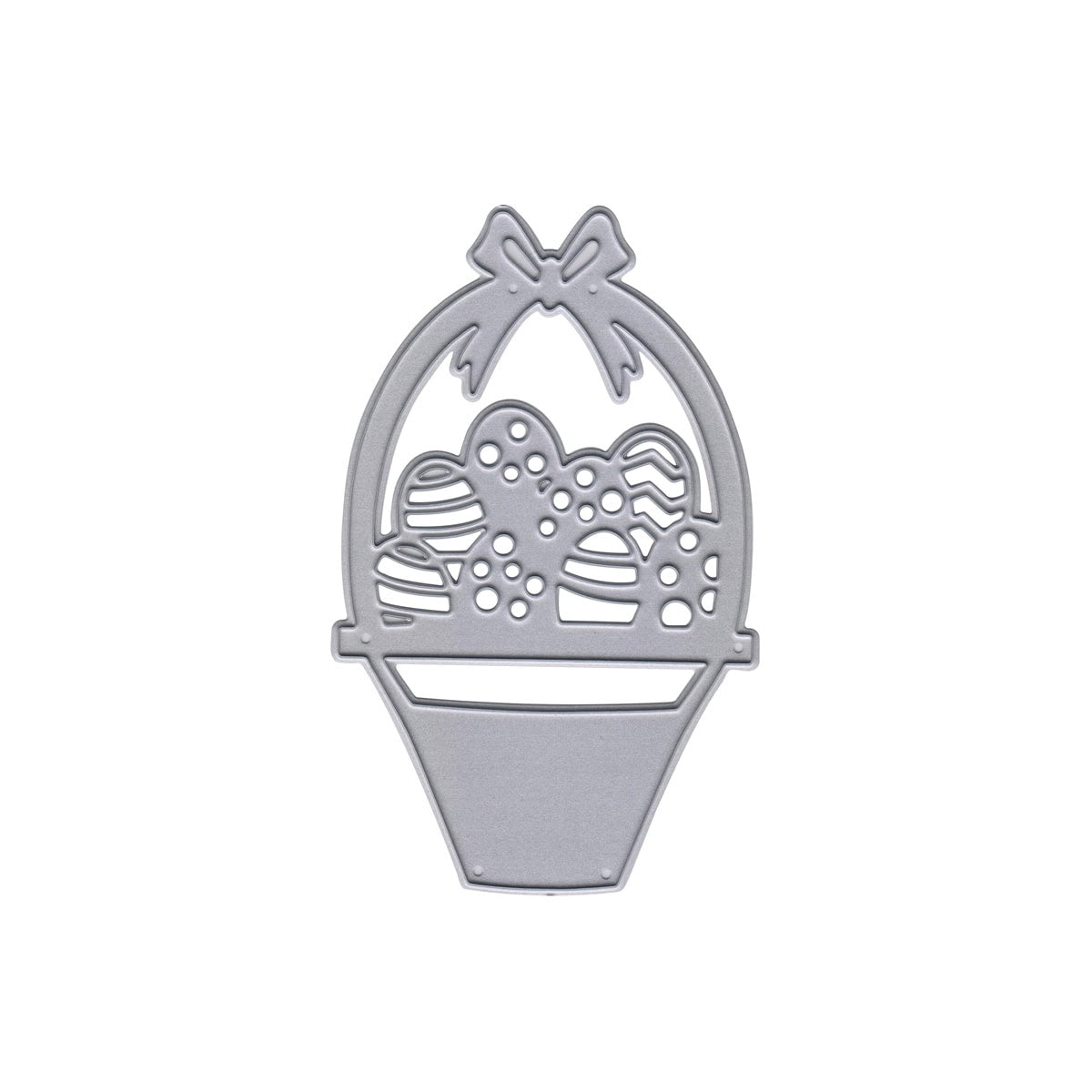 Der Stanzschablone Osterkorb mit Schleife von Stanzenshop.de zeigt einen Osterkorb mit Eiern und Schleife - perfekt für Bastelprojekte oder kreative Ostergrüße. Produktabbildung auf weißem Hintergrund.