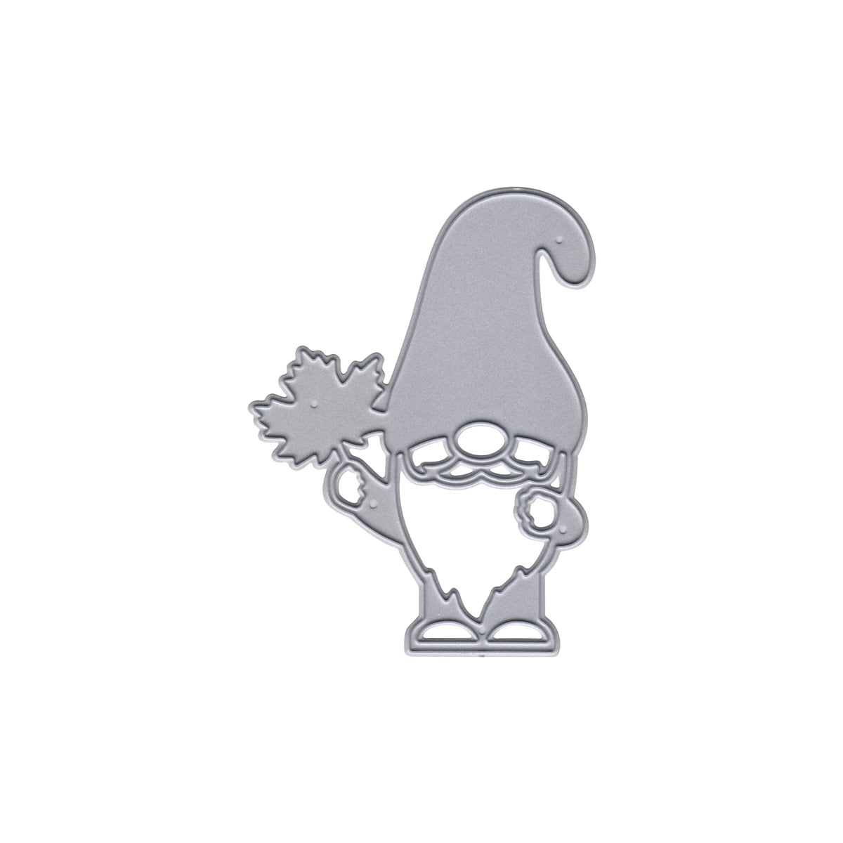 Die Stanzschablone Weihnachtswichtel mit Mütze von Stanzenshop.de ist ein Metallstempel eines Wichtels mit großer Mütze, Bart, runder Nase und Blatt - ideal für festliche Bastelprojekte. Produkt abgebildet auf weißem Hintergrund.