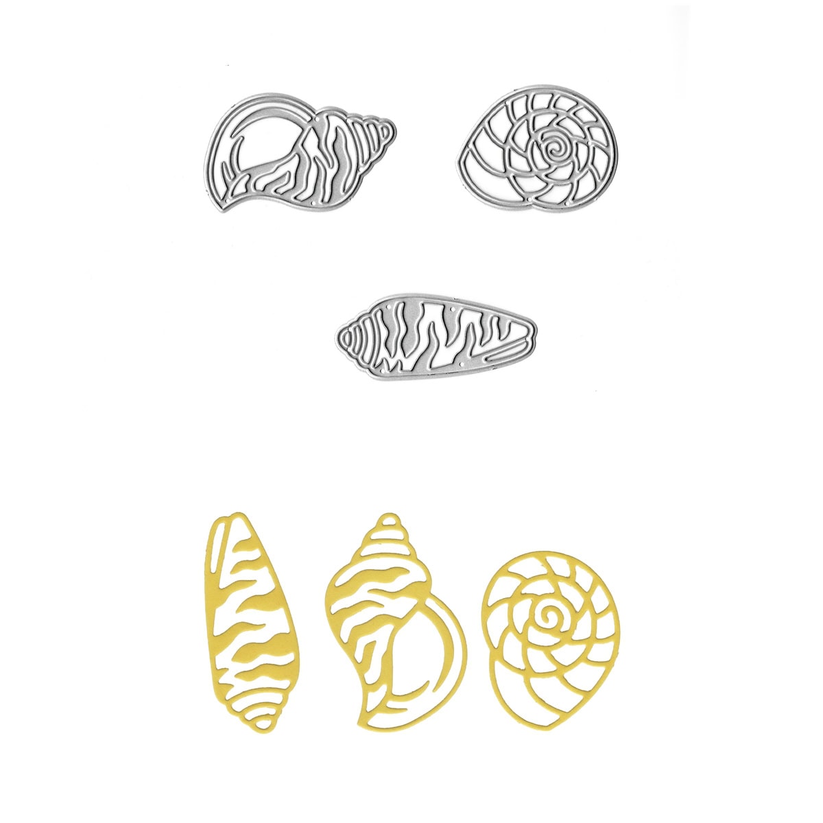 Die Stanzschablone Meeresmuscheln von Stanzenshop.de zeigt drei Metallcutter und passende gelbe Muschel-Ausstanzungen auf weißem Hintergrund - ideal für maritime DIY-Projekte und kreative Deko-Ideen.