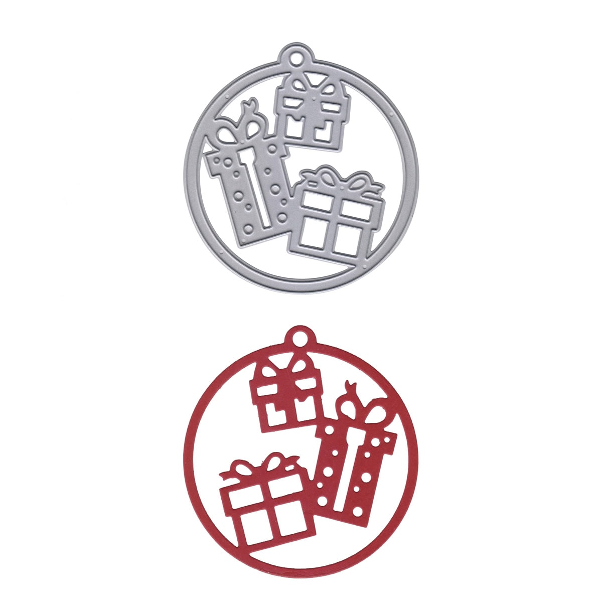 Die Stanzschablone Geschenke im Kreisrahmen von Stanzenshop.de beinhaltet zwei runde Stanzteile mit drei gestapelten Geschenkschachteln in silber-metallic und rot-ideale Bastelideen für Weihnachten.