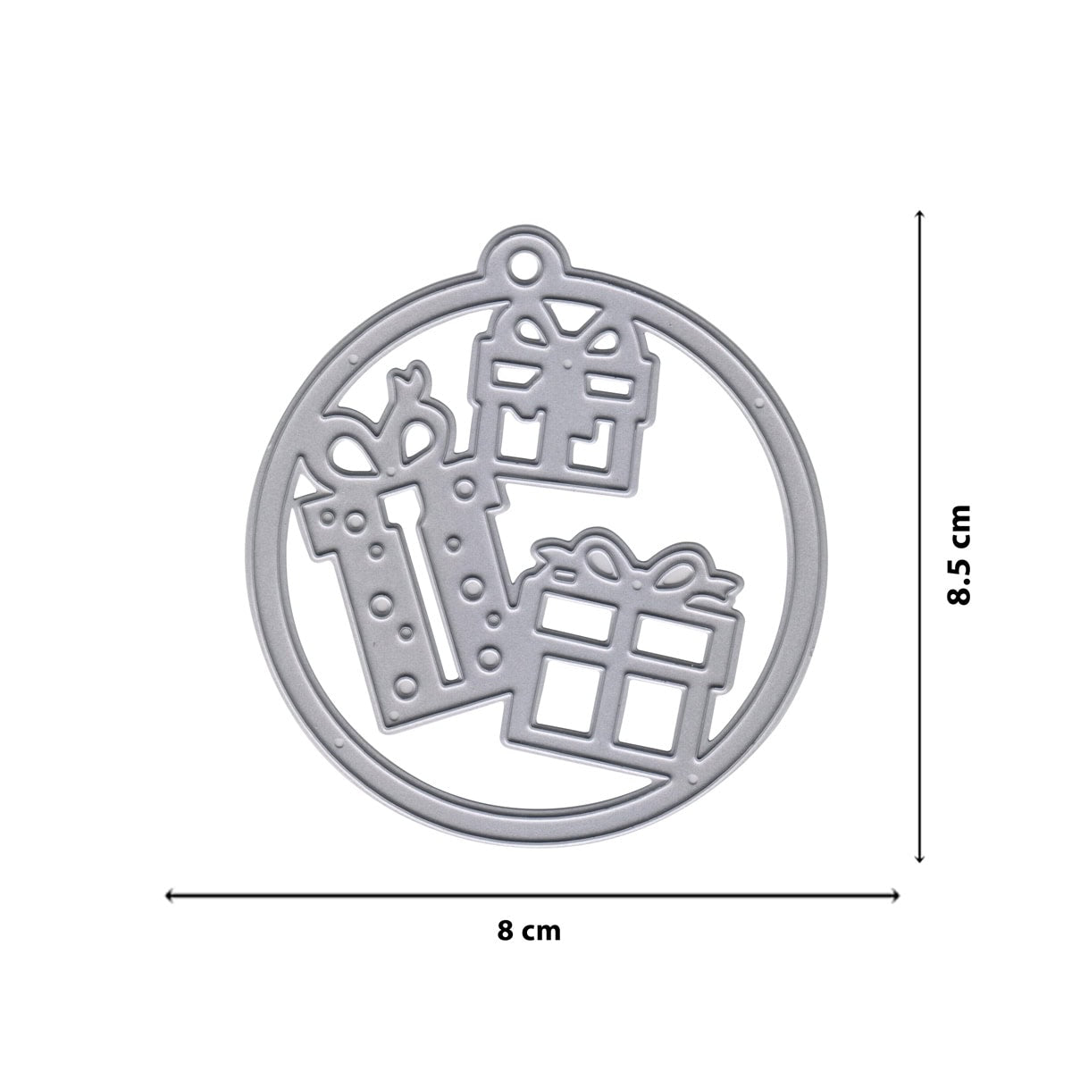 Die Stanzschablone Geschenke im Kreisrahmen von Stanzenshop.de ist ein Metallwürfel (8 x 8,5 cm) in Form eines Kreises mit drei Geschenkboxen - ideal als Geschenke-Stanze für Weihnachts-Bastelideen.