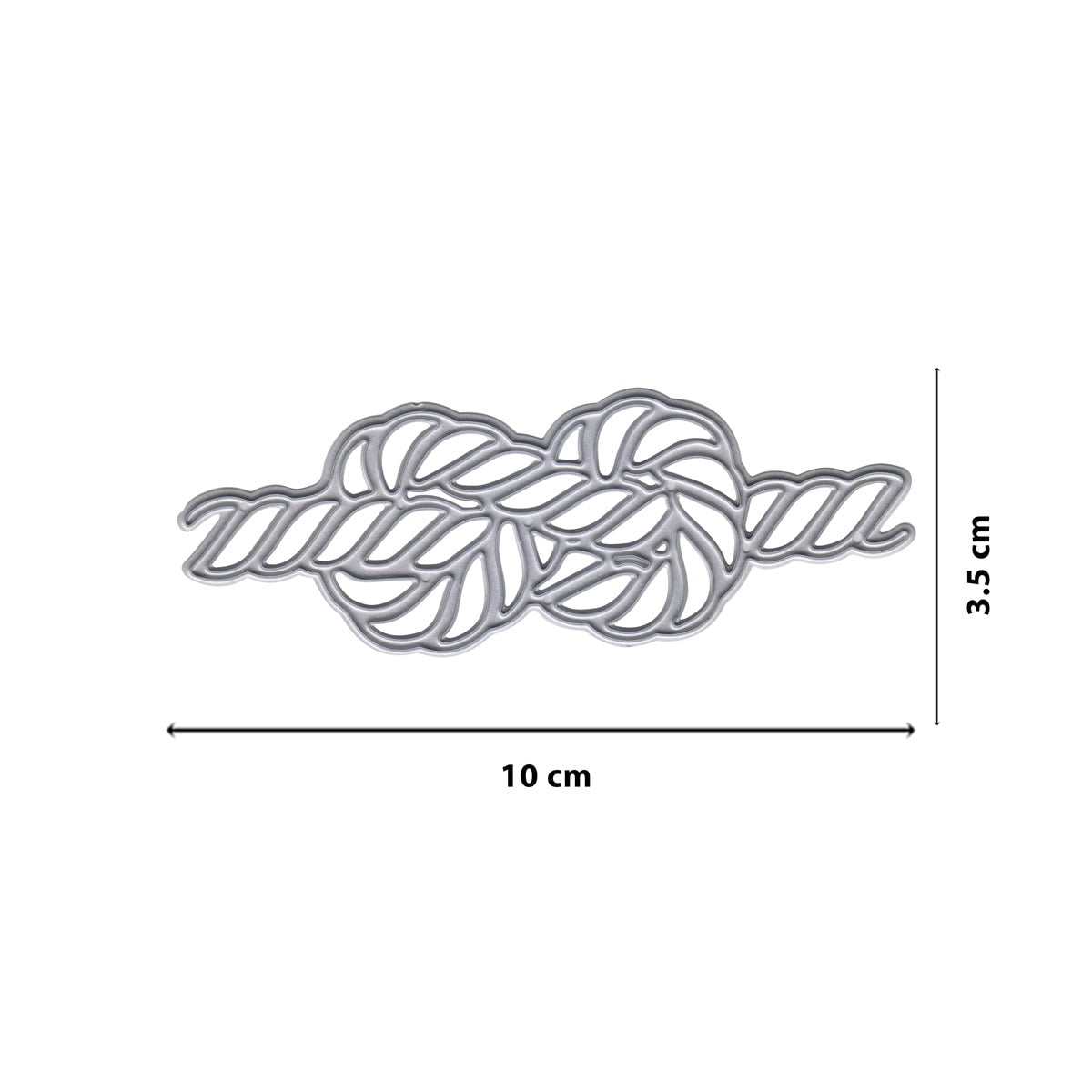 Eine metallische Stanzschablone Seil mit Knoten von Stanzenshop.de, geformt wie ein Knoten, misst 10 cm in der Breite und 3,5 cm in der Höhe, mit Maßangaben an den Seiten.