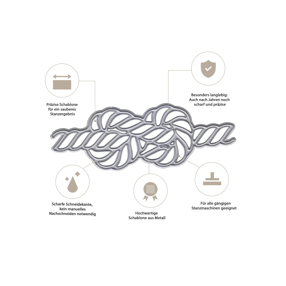 Die Stanzschablone Seil mit Knoten von Stanzenshop.de ist ideal für maritime Projekte. Vier Icons heben ihre Langlebigkeit, Schnitttiefe und Kompatibilität mit gängigen Stanzmaschinen hervor.