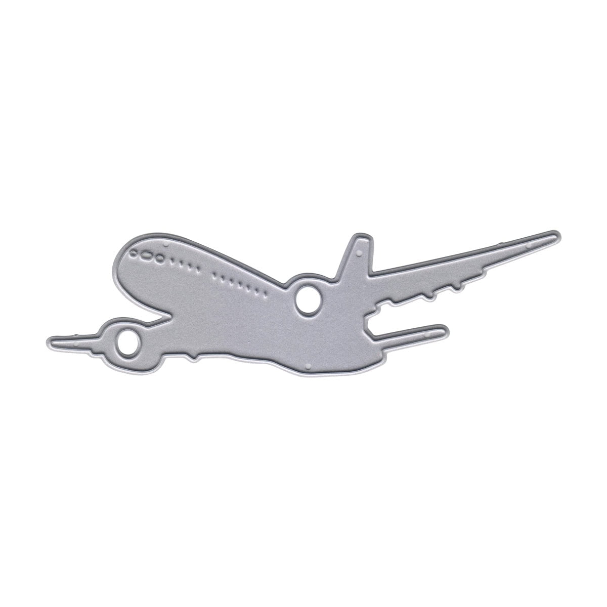 Die Stanzschablone Flugzeug von Stanzenshop.de ist ein Schlüsselanhänger oder Werkzeug aus Metall in Form eines Flugzeugs mit zwei kreisförmigen Löchern auf weißem Hintergrund - ein ideales Accessoire für jeden Reise- oder Urlaubsfan.