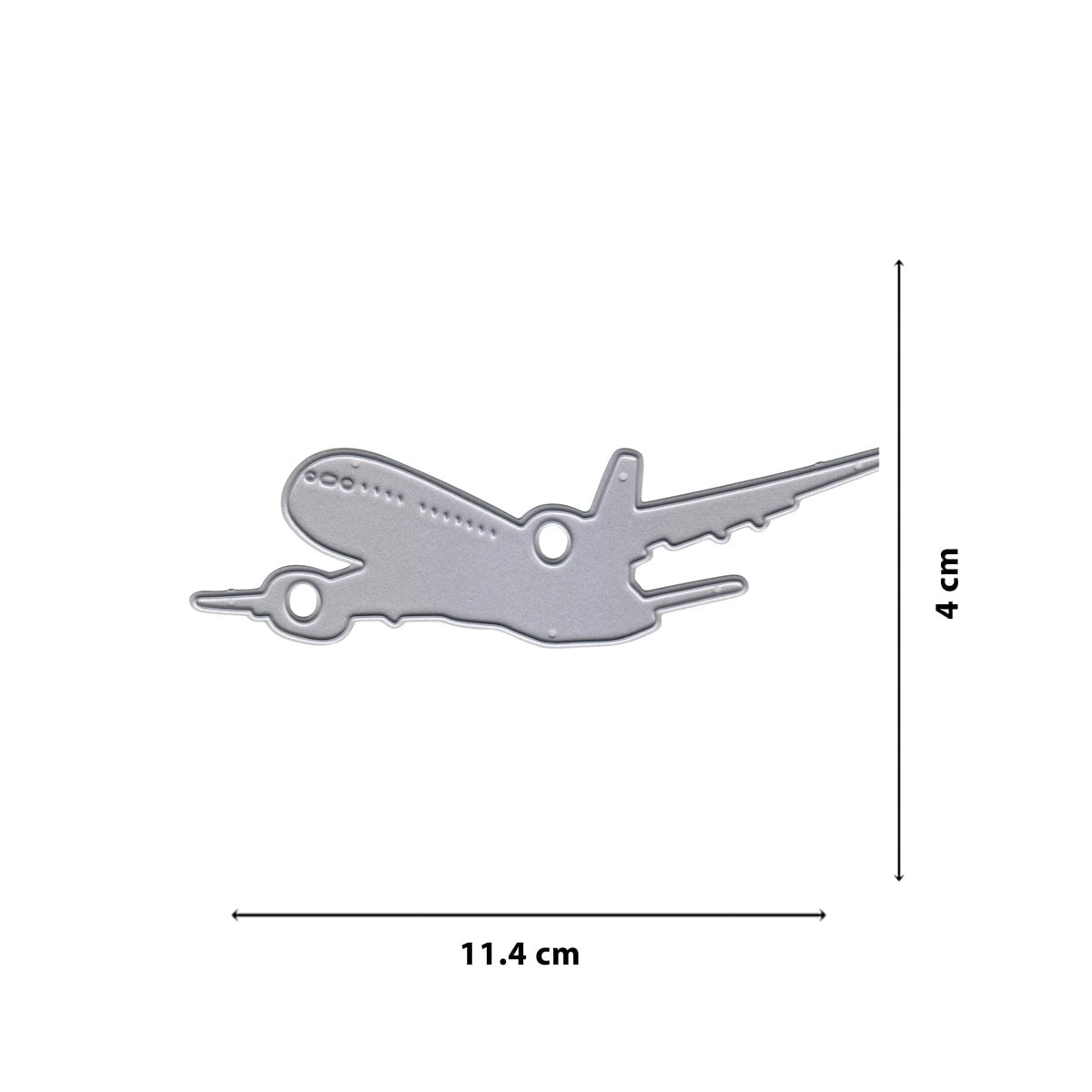 Die Stanzschablone Flugzeug von Stanzenshop.de ist eine silberne Metallstanze in Form eines Flugzeugs (11,4 x 4 cm), perfekt zum Basteln von Projekten zum Thema Urlaub, abgebildet auf einem weißen Hintergrund.