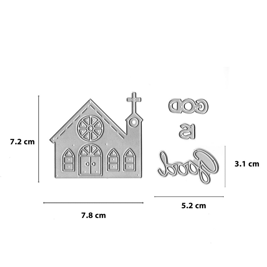 Größenangabe für Stanzschablone Kirche mit Schriftzug "God is Good"