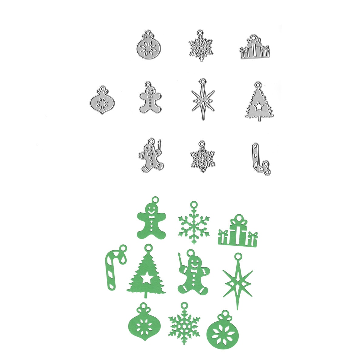 Die Stanzschablone Weihnachtsanhänger Mix von Stanzenshop.de enthält Metallstanzen und grüne Ausstanzungen von Ornamenten, Lebkuchenfiguren, Schneeflocken, Baum, Stern, Zuckerstange & Geschenk für kreative Weihnachtsprojekte.