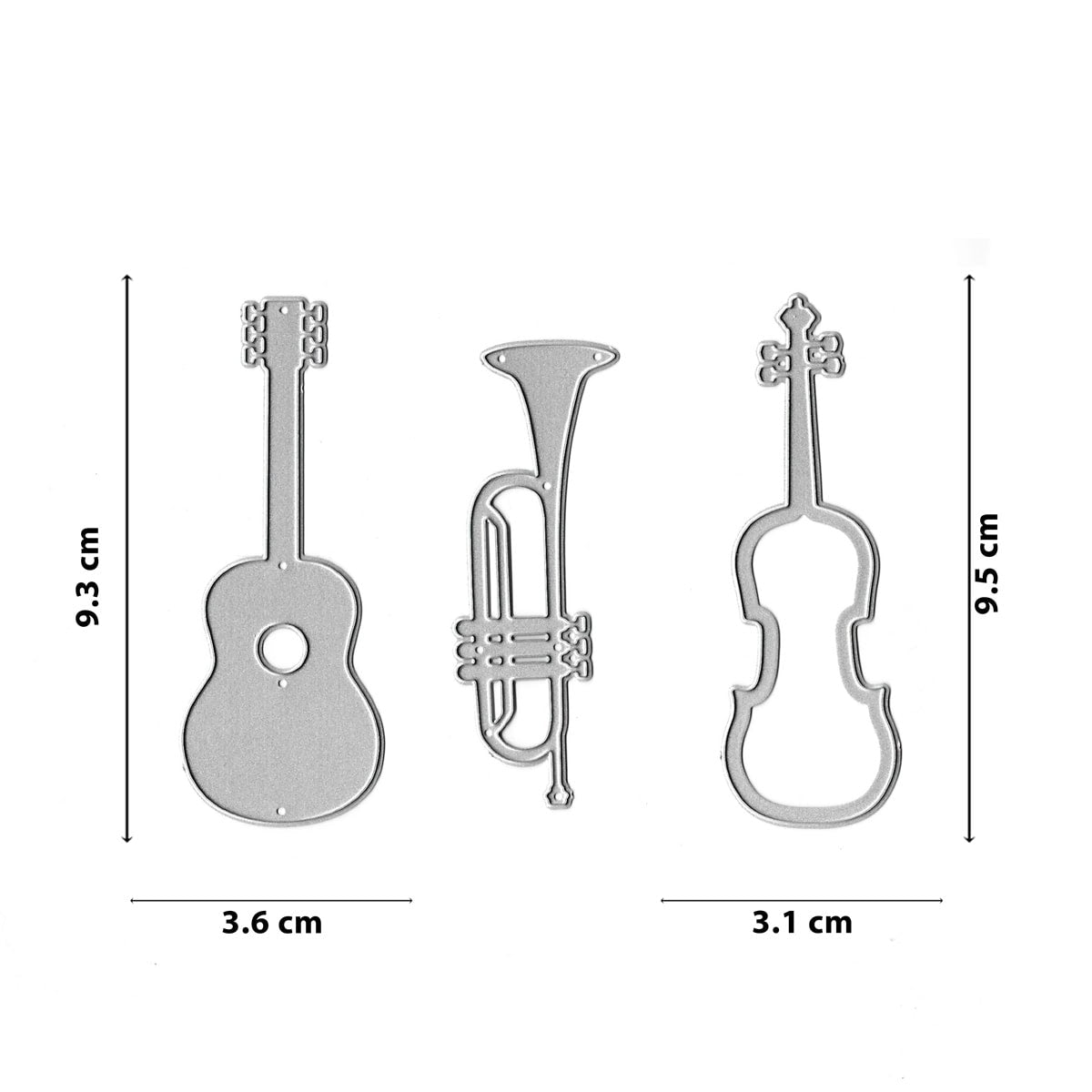 Die Stanzschablone Musikinstrumente von Stanzenshop.de enthält drei Metallstempel (Gitarre, Trompete, Geige) mit Höhe und Breite in cm - ideal für Bastelprojekte zum Thema Musik.