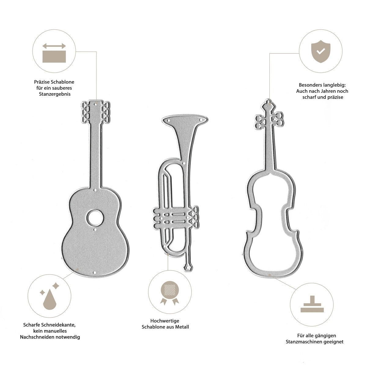 Die Stanzschablone Musikinstrumente von Stanzenshop.de bietet drei Silberstempel - Gitarre, Trompete und Geige - ideal für Musikprojekte. Der deutsche Text weist auf ihre Präzision, Haltbarkeit und Kompatibilität mit verschiedenen Bastelmaschinen hin.