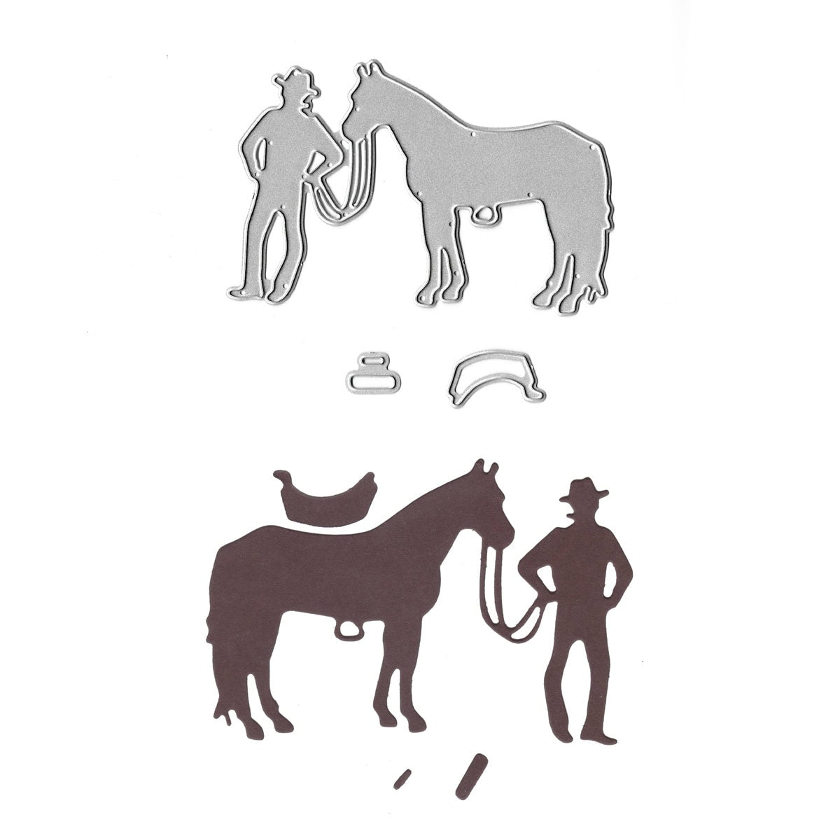 Die Stanzschablone Cowboy mit Pferd von Stanzenshop.de enthält Metallstempel für einen Cowboy mit seinem Pferd sowie separate Sattel- und Gurtformen - perfekt, um Ihren Bastelprojekten auf knackig weißem Hintergrund Wildwest-Flair zu verleihen.