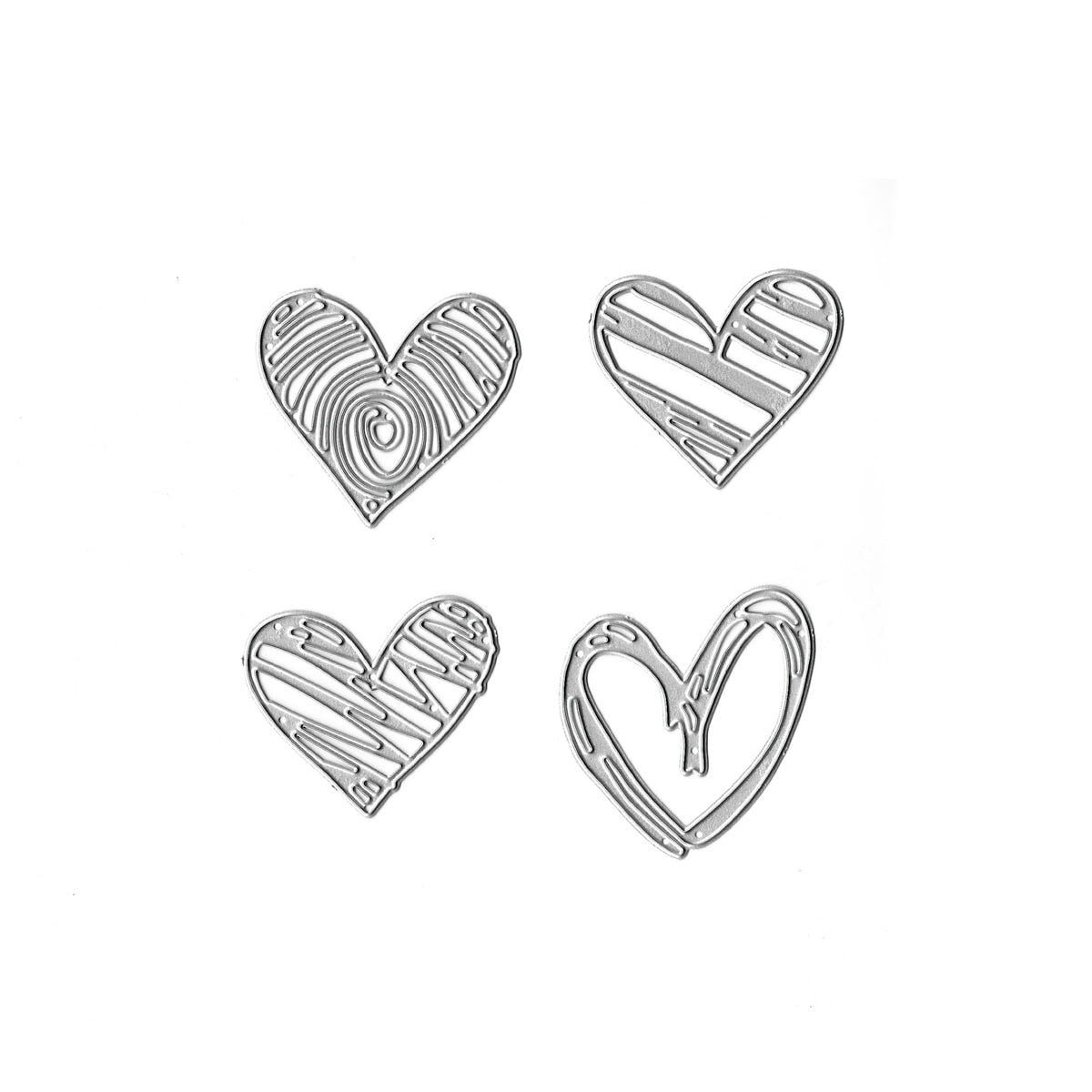 Die Stanzschablone Herzen mit Struktur von Stanzenshop.de bietet vier strukturierte Herzen mit trendigen Mustern auf Weiß - ideal für das kreative Gestalten von Karten.