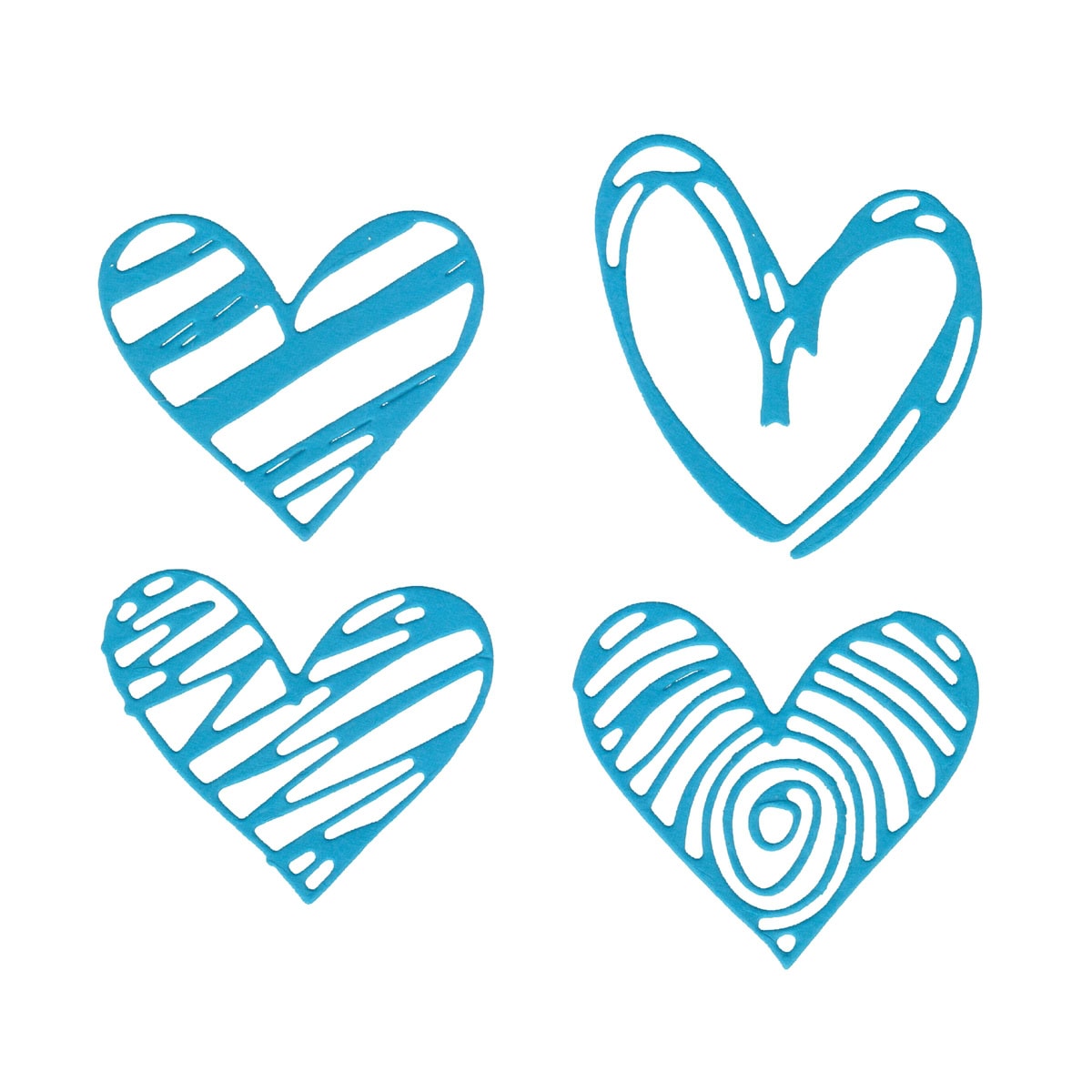 Die Stanzschablone Herzen mit Struktur von Stanzenshop.de stanzt vier blaue, handgezeichnete Herzen mit trendigen Mustern - ideal zum kreativen Karten gestalten.