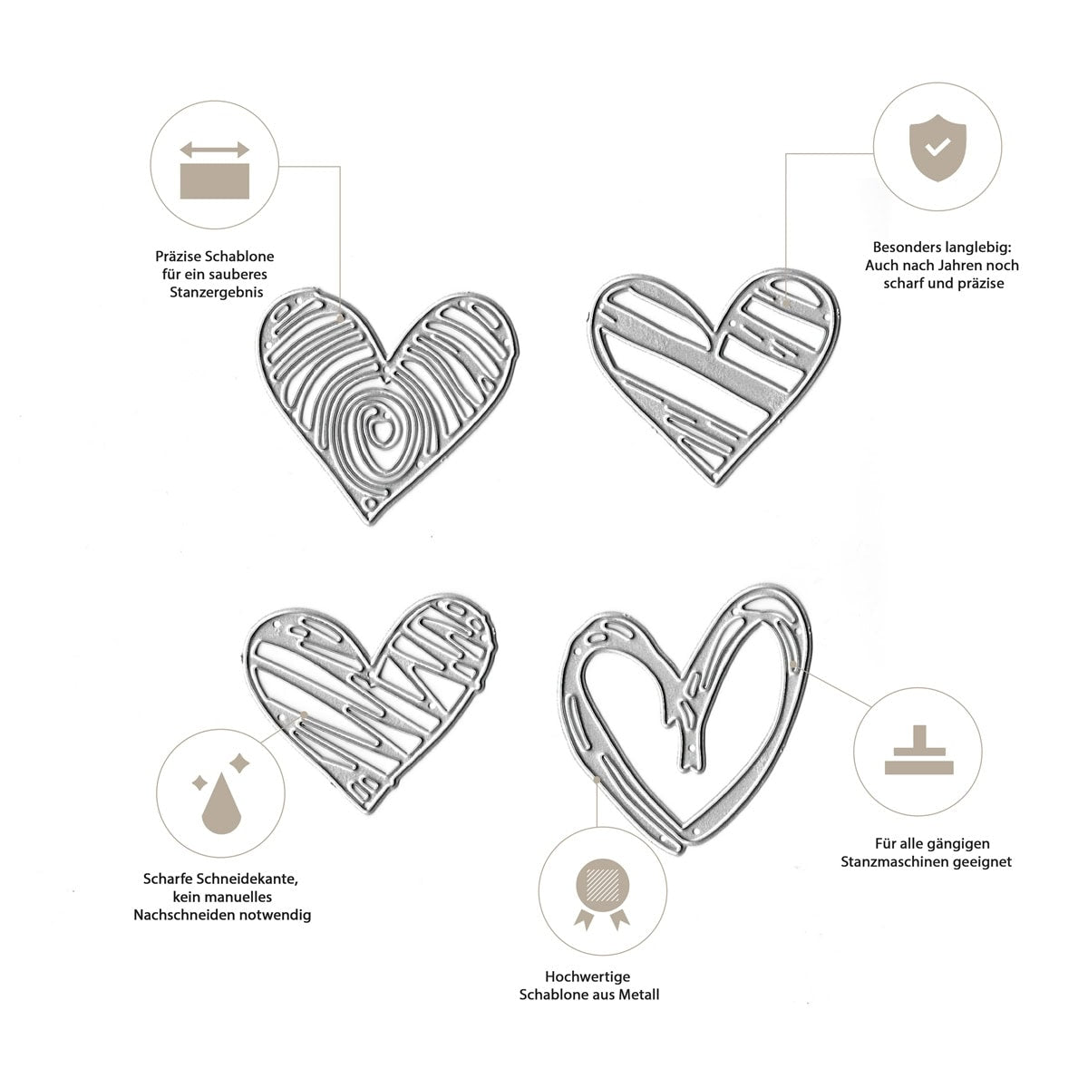 Vier Stanzschablonen "Herzen mit Struktur" von Stanzenshop.de, mit trendigen Mustern und scharfen Kanten, langlebig und passend für gängige Stanzmaschinen - perfekt zum Karten gestalten.