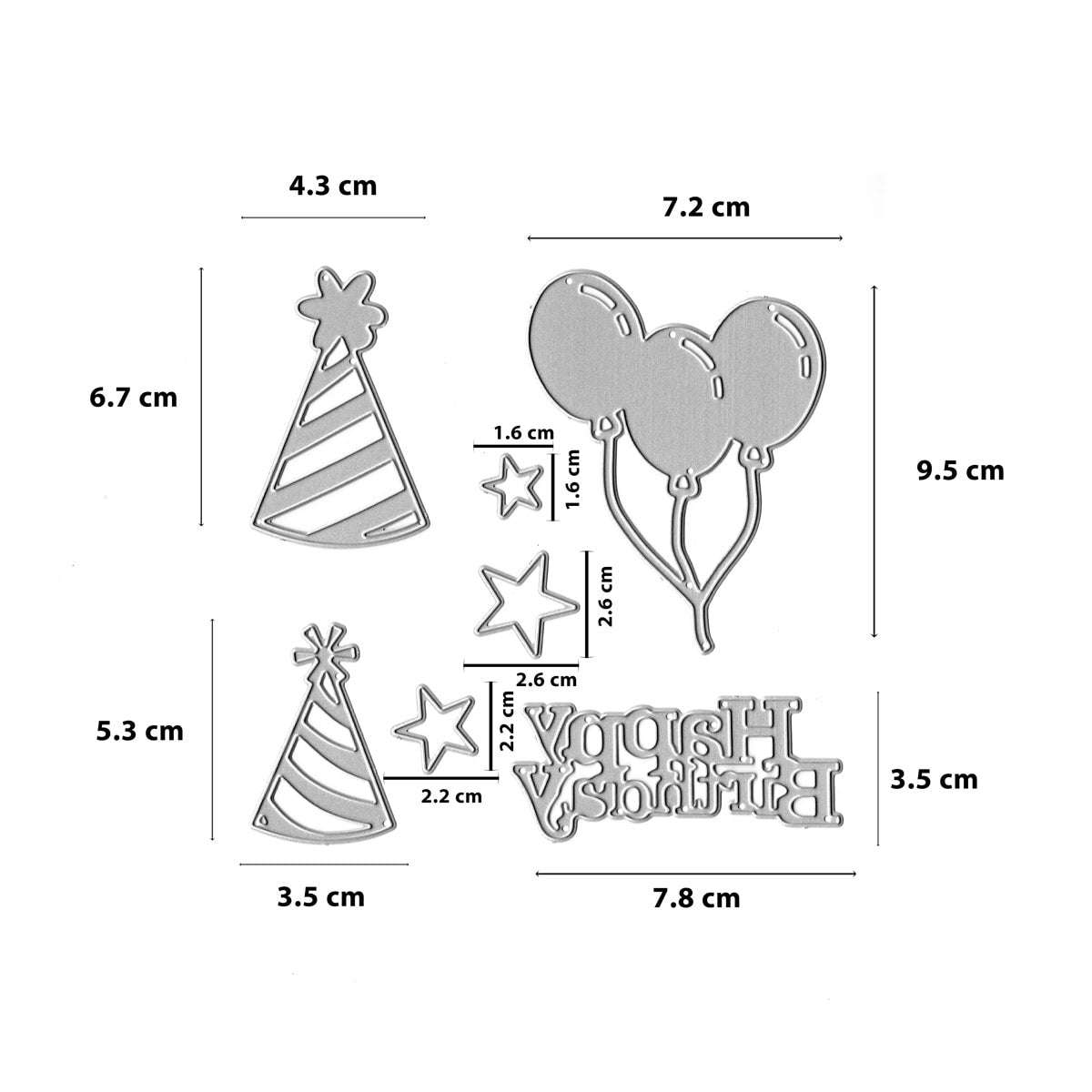 Das Stanzschablone Partyset von Stanzenshop.de enthält silberne Metallstanzformen - Partyhut, Luftballons, Sterne und "Happy Birthday"-Text - ideal für kreative Bastelideen oder eine einzigartige Geburtstagskarte. Die Größe der einzelnen Teile ist in Zentimetern angegeben.