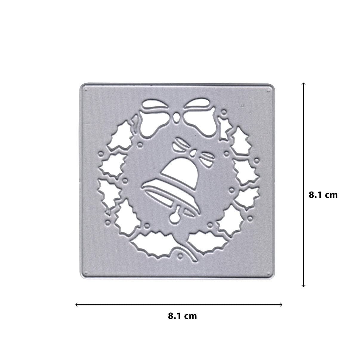 Die Stanzschablone Weihnachtskranz mit Glocke von Stanzenshop.de ist eine quadratische Metallschablone (8,1 x 8,1 cm) mit Kranz-, Stechpalmen-, Schleifen- und Glockenmotiv - ideal für DIY-Deko.