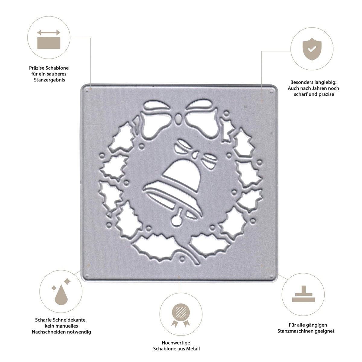 Mit der Stanzschablone Weihnachtskranz mit Glocke von Stanzenshop.de gestaltest du DIY-Deko: Kreire einen Kranz mit Stechpalmen, Beeren und Glocke sowie deutschem Text über besondere Eigenschaften.