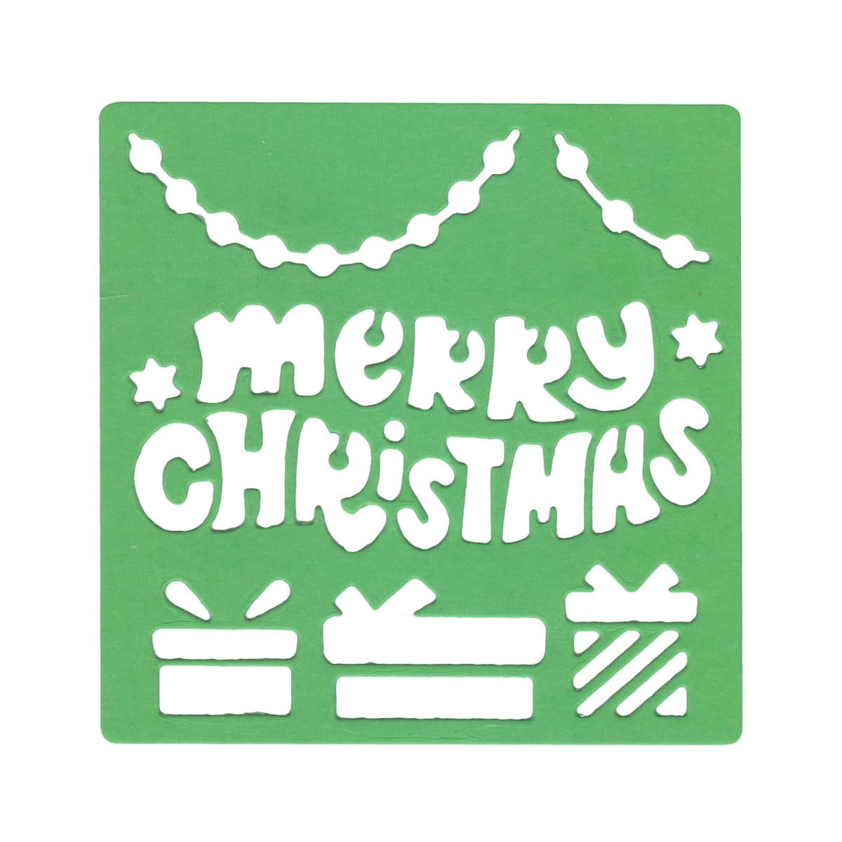 Die Stanzschablone Weihnachtsgruß mit Geschenken von Stanzenshop.de zeigt "Frohe Weihnachten" in Bold, drei Geschenkboxen und zwei Girlanden - ideal für festliche DIY-Projekte und Bastelarbeiten zu Weihnachten.