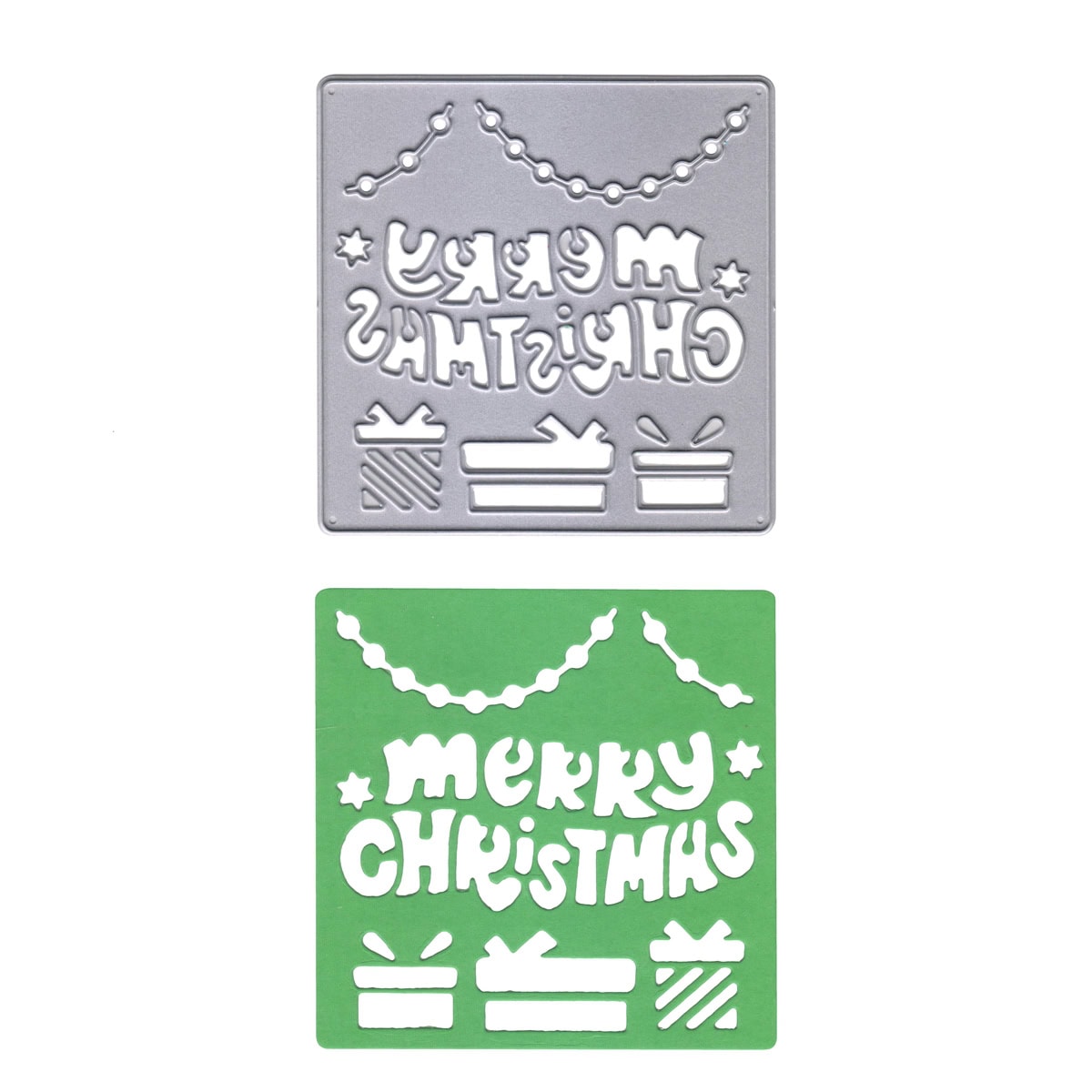 Die "Stanzschablone Weihnachtsgruß mit Geschenken" von Stanzenshop.de ist eine silberne Stanzschablone mit "Merry Christmas", Geschenkschachtelmotiven und Schnurdekor - perfekt zum Basteln oder für DIY-Weihnachtsprojekte. Oben abgebildet: grüne Ausstanzung mit passendem Motiv.