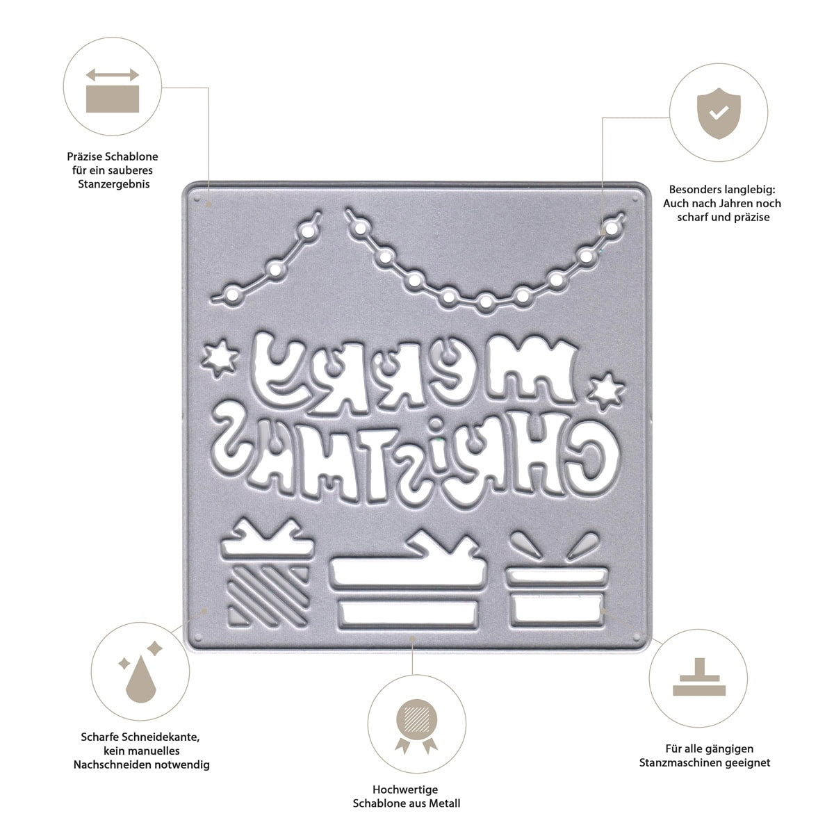 Die "Stanzschablone Weihnachtsgruß mit Geschenken" von Stanzenshop.de ist eine gestanzte Schablone aus Metall mit "Frohe Weihnachten", Lichterketten, zwei Geschenkkartons und deutschen Etiketten - ideal für Ihr nächstes Bastelwerk.