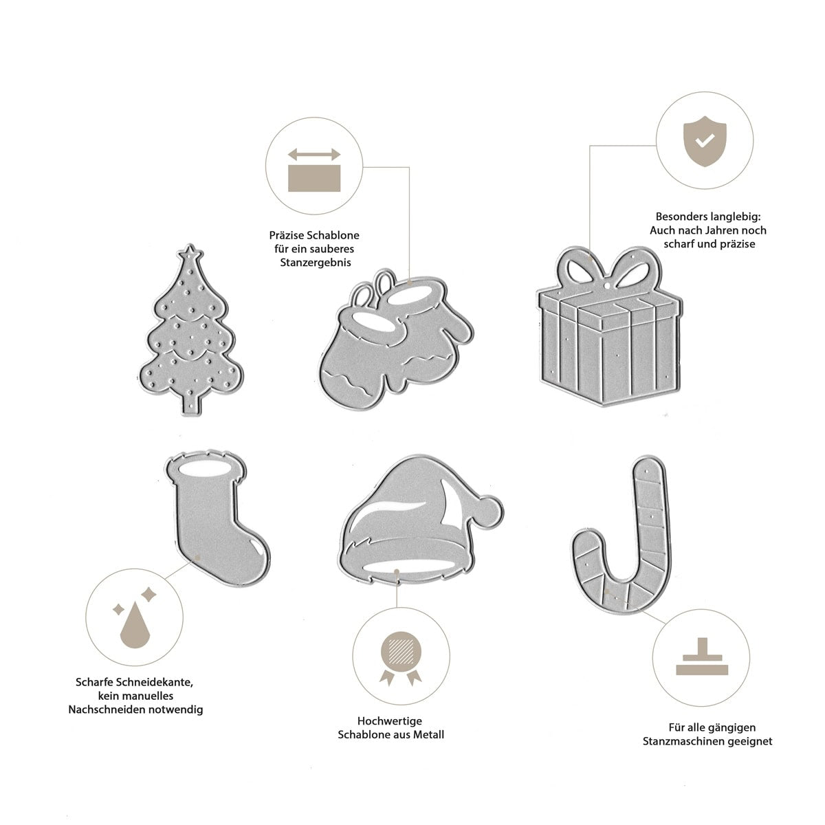Das Stanzschablone Weihnachtsmotive Set mit 6 Stanzen von Stanzenshop.de enthält Wintermotive wie Baum, Handschuh, Geschenk, Stiefel, Mütze und Zuckerstange - ideal als Weihnachtsschablone für kreative Projekte mit deutschen Icons und Texten.