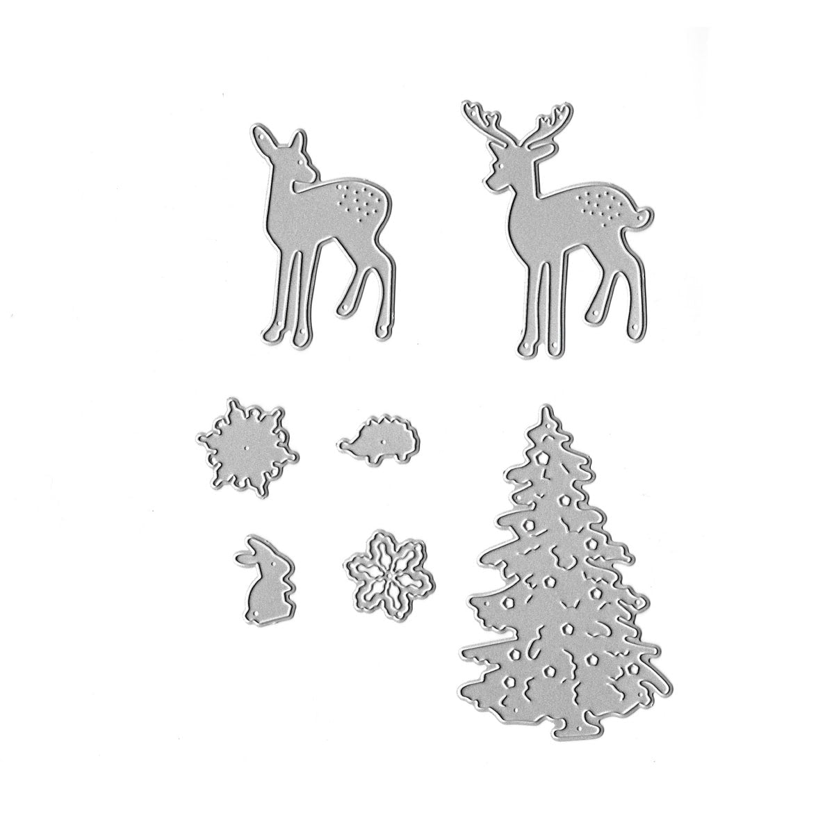 Die "Stanzschablone Waldtiere mit Tannenbaum" von Stanzenshop.de enthält Hirsch, Reh, Baum, Hase, Igel, Schneeflocke und zwei kleine Schneebälle-ideal für Winterlandschaften und kreative Weihnachtsdekos.