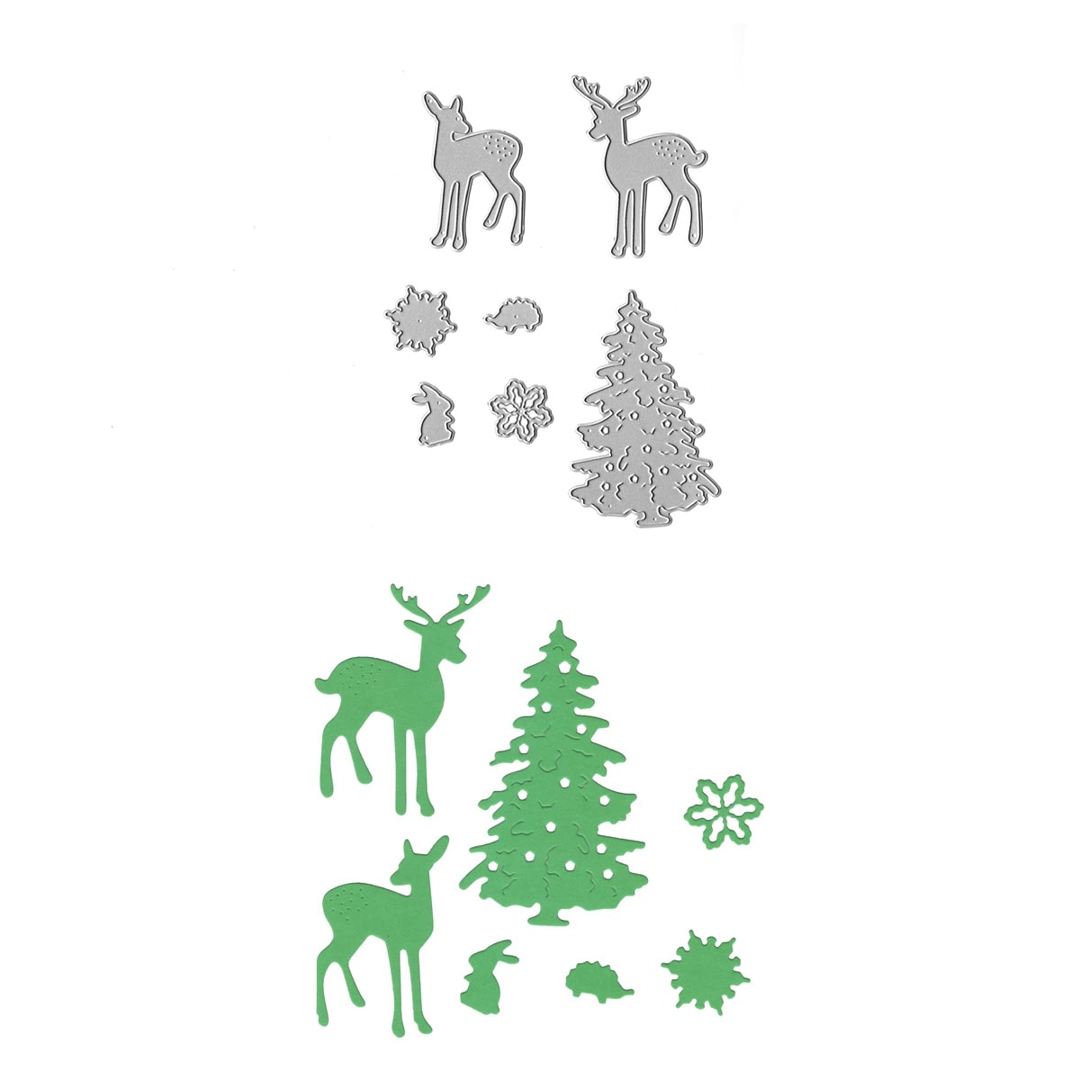Die "Stanzschablone Waldtiere mit Tannenbaum" von Stanzenshop.de zeigt Reh, Tanne, Hase, Igel und Schneeflocken - ideal für festliche Winterlandschaften Deko oder kreative Weihnachtsideen auf knackigem weißen Hintergrund.