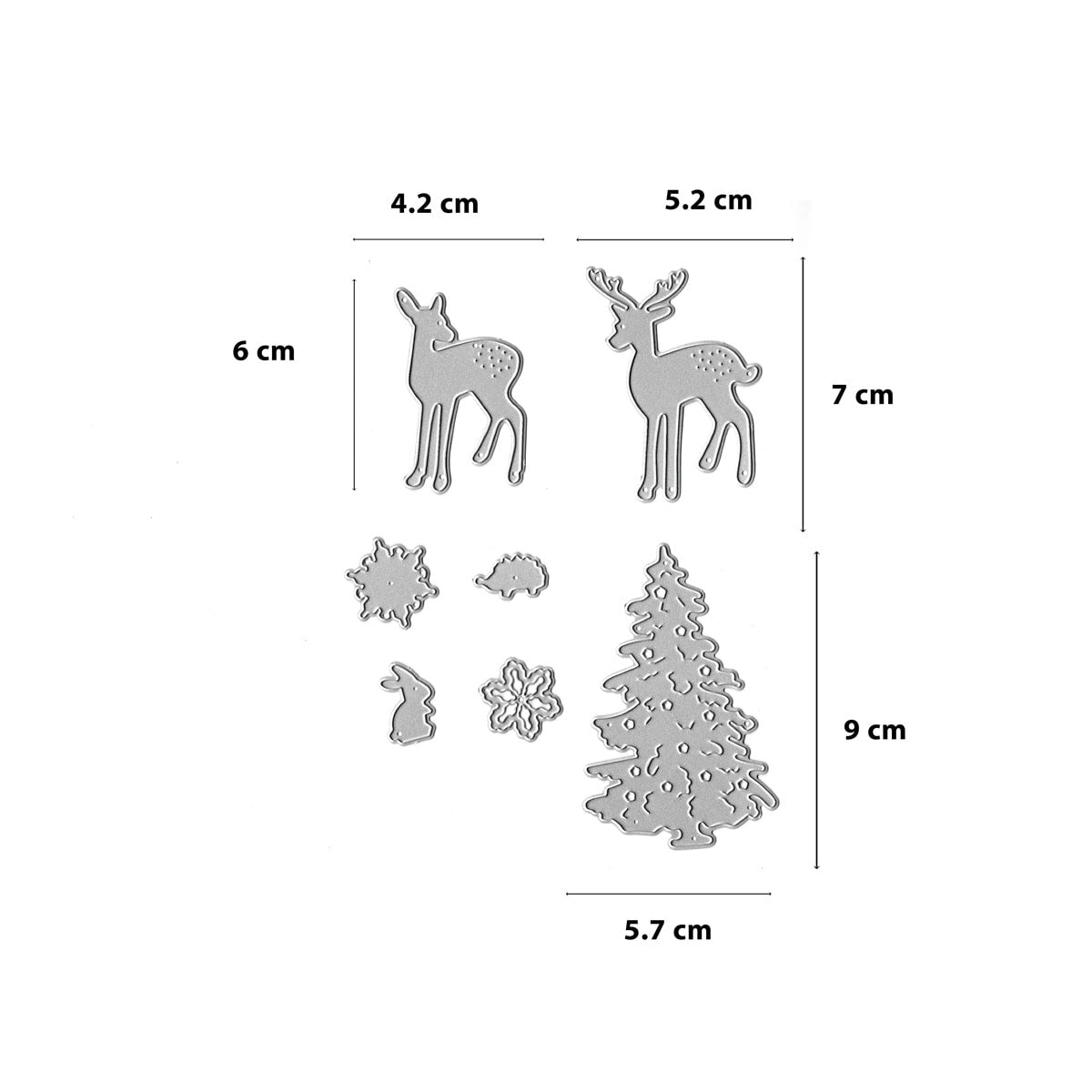 Die Stanzschablone Waldtiere mit Tannenbaum von Stanzenshop.de enthält silberne Metallstempel von zwei Rehen, einem Baum und Ornamenten mit Zentimeter-Etiketten - ideal für Deko oder Winterlandschaften und Weihnachtsideen.