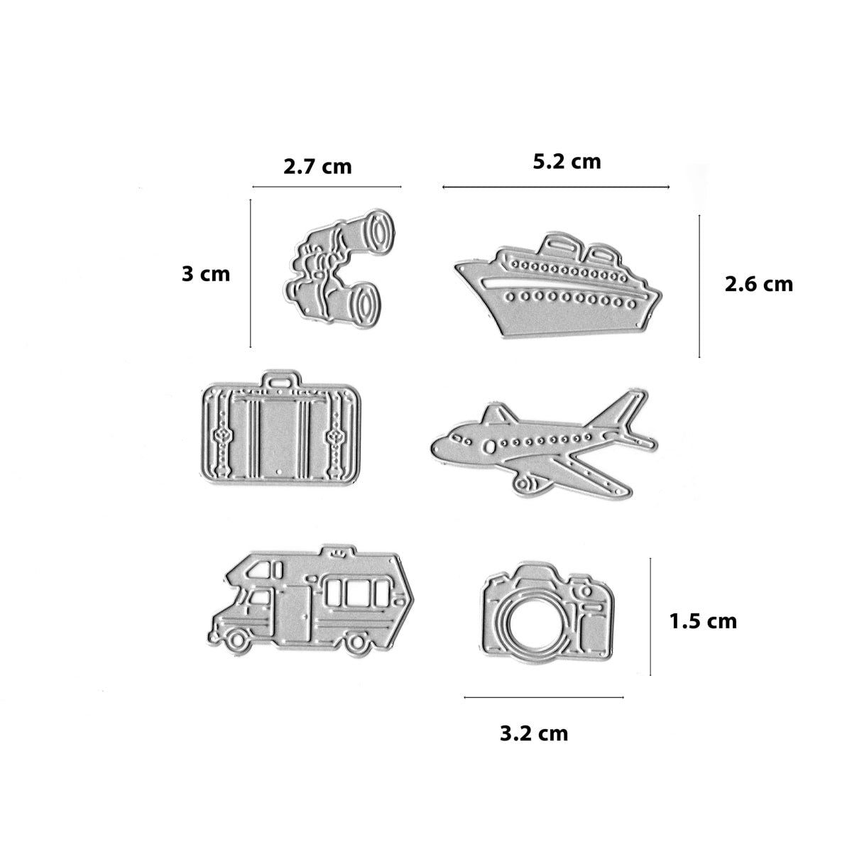 Das Stanzschablone Urlaubsmotive & Reise-Set von Stanzenshop.de enthält sechs silberne Reise-Motive aus Metall - Fernglas, Koffer, Wohnmobil, Kreuzfahrtschiff, Flugzeug und Kamera - mit Größenangaben in Zentimetern. Ideal für Scrapbooks oder Reisetagebücher.