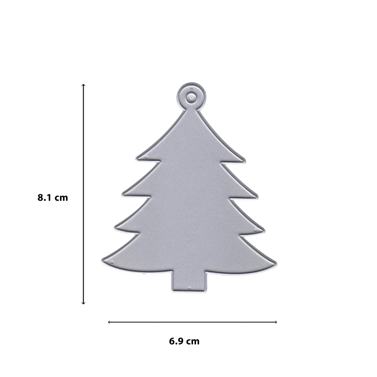 Die Stanzschablone großer Tannenbaumanhänger von Stanzenshop.de ist ein flacher, grauer Tannenbaumanhänger (8,1 x 6,9 cm) mit einem Loch oben - ideal als Geschenkanhänger für festliche Geschenke.