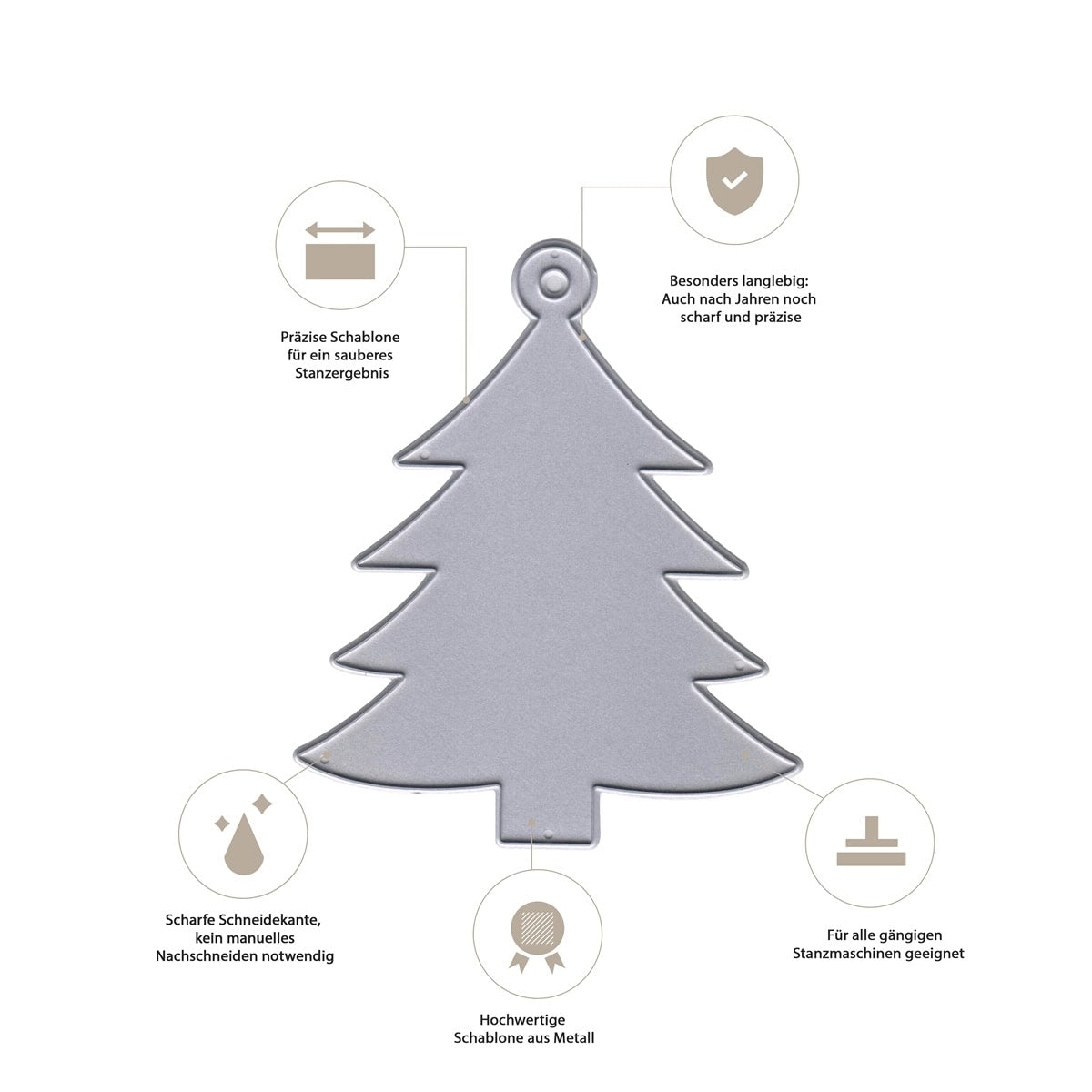 Die Stanzschablone großer Tannenbaumanhänger von Stanzenshop.de ist eine silberne Ausstanzform in Tannenbaumform - ideal für Weihnachtskarten oder Geschenkanhänger dank besonderer Schärfe und Langlebigkeit.