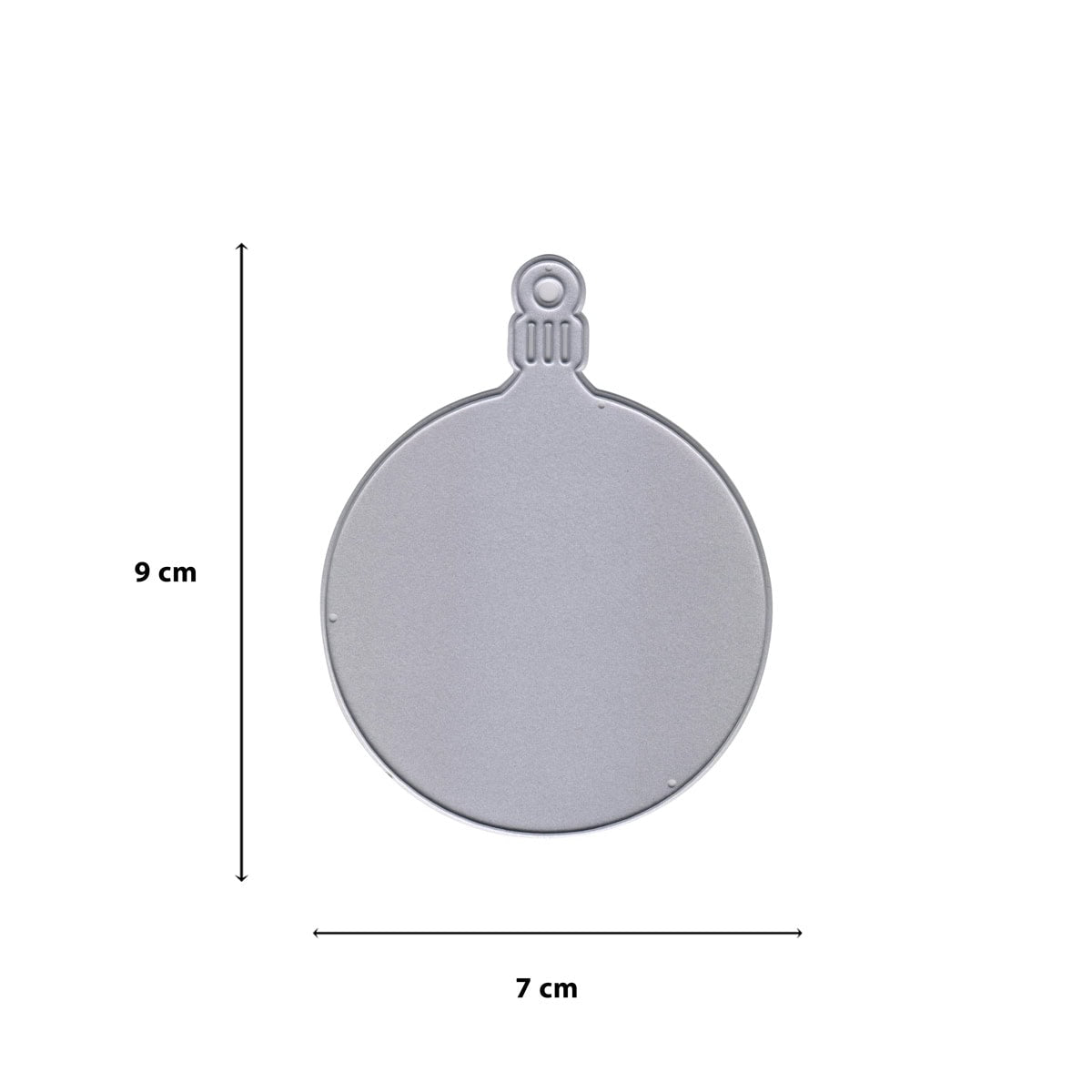 Die Stanzschablone Weihnachtskugel mit Aufhänger von Stanzenshop.de ist ein flacher, runder, grauer Ornamentstempel (9 cm hoch, 7 cm breit) mit einer kleinen oberen Schleife, abgebildet auf einem weißen Hintergrund mit Messlinien.