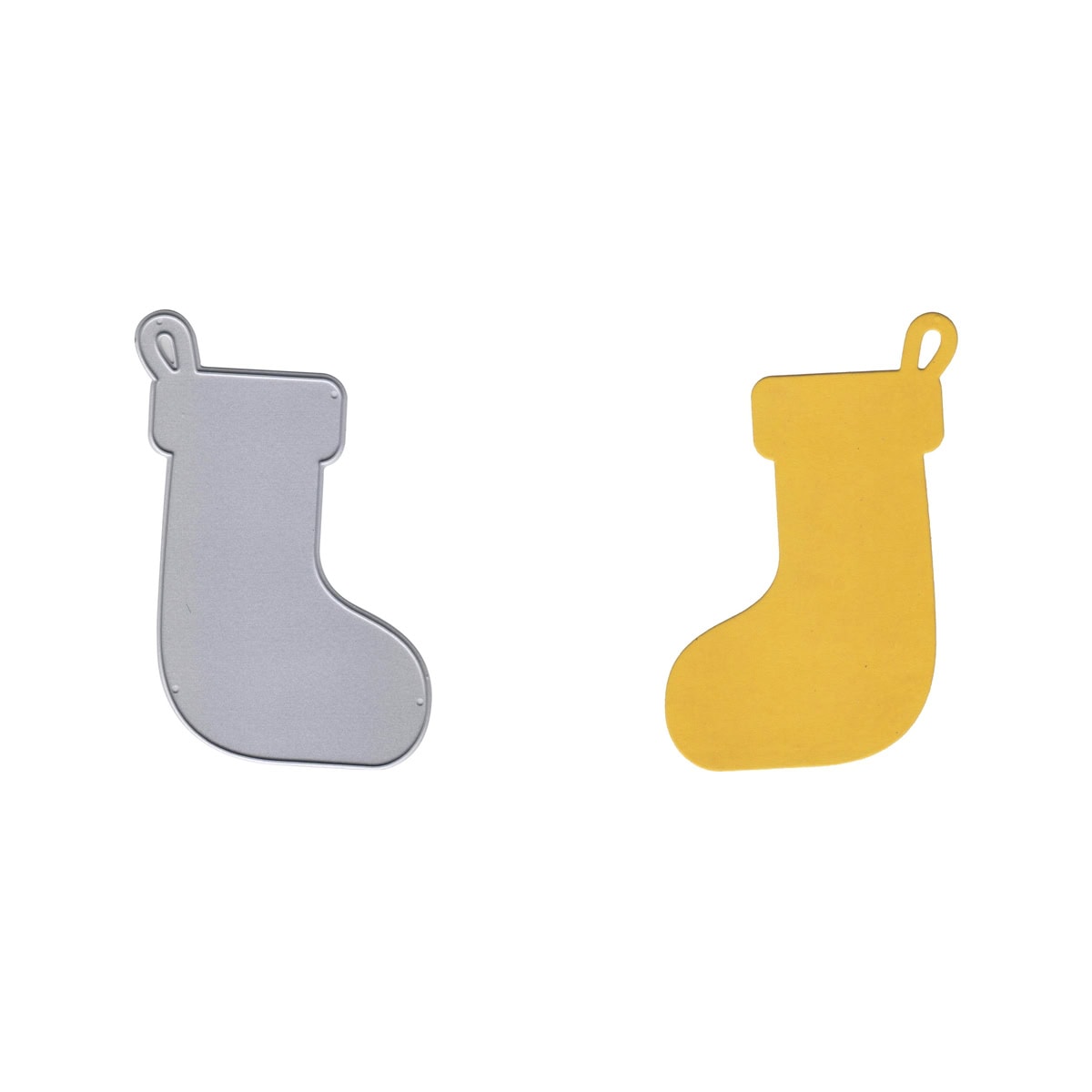 Eine graue Metall "Stanzschablone Weihnachtssocke mit Aufhänger" von Stanzenshop.de und ein gelber strumpfförmiger Papierausschnitt liegen nebeneinander auf weißem Untergrund - ideal für kreative Bastelideen oder festlichen Baumschmuck.