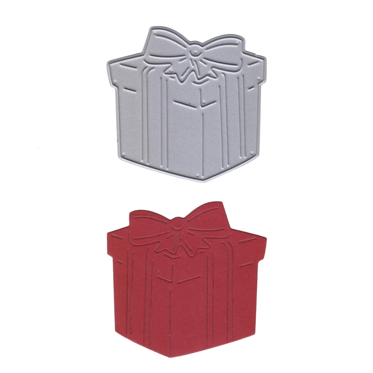 Zwei Stanzschablonen Geschenk mit Schleife von Stanzenshop.de - eine silberne und eine rote Geschenkbox, jeweils mit einer Schleife versehen - stehen nebeneinander auf weißem Hintergrund, ideal für Bastelprojekte oder kreative Dekoideen.
