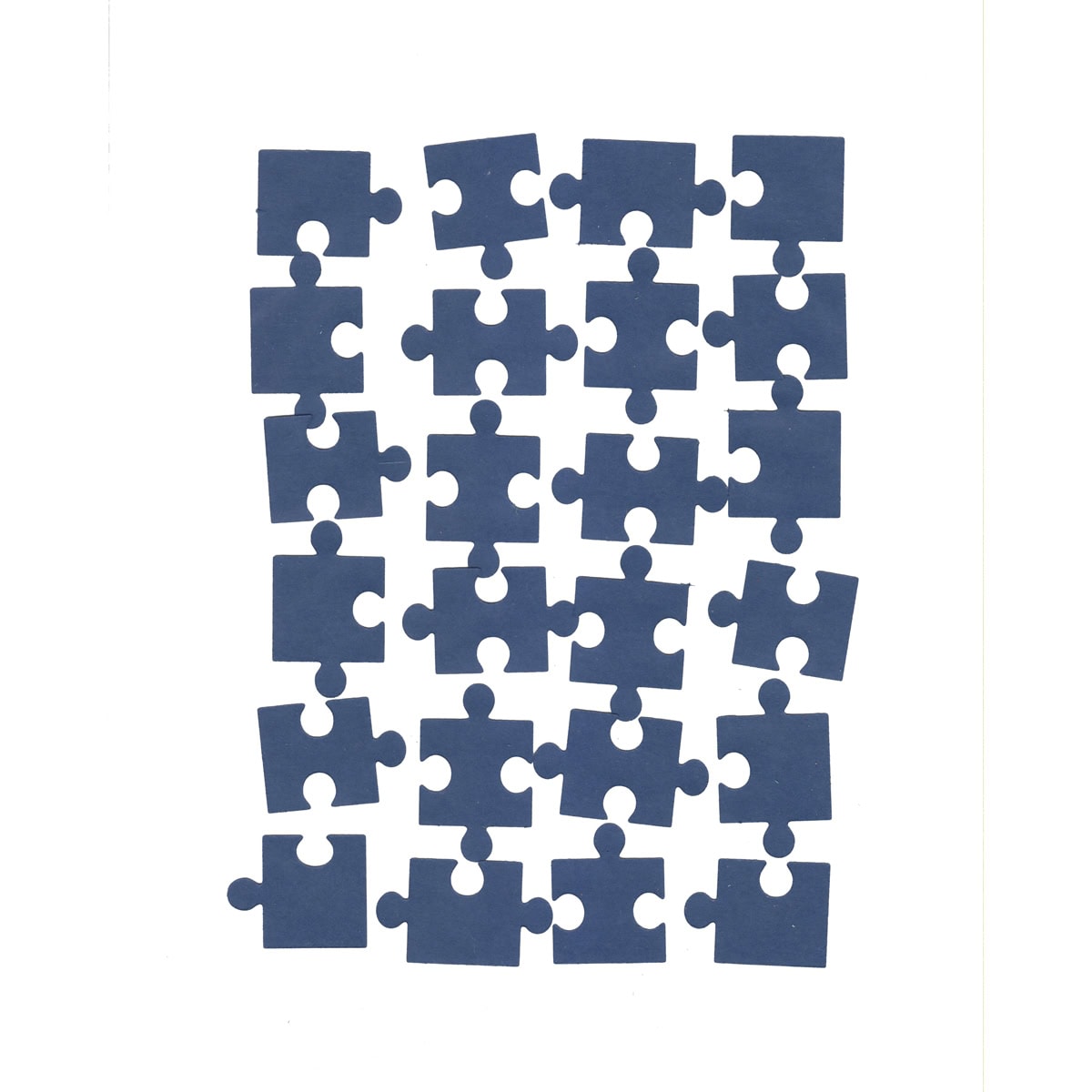 Das Stanzenshop.de Stanzschablone Puzzle 24-teilig besteht aus 24 blauen Teilen, ideal für Karten oder als Stanzform, angeordnet in vier Sechserreihen auf weißem Hintergrund.
