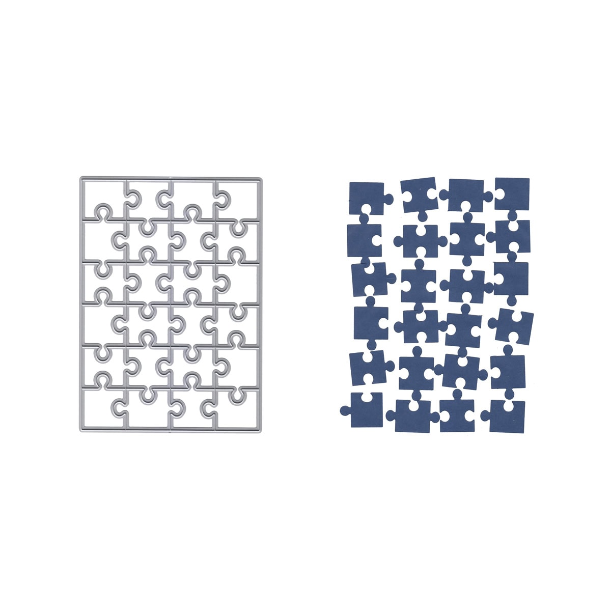 Ein rechteckiges Gitter aus ineinandergreifenden 24-teiligen Stanzschablonen-Puzzleteilen von Stanzenshop.de auf der linken Seite, daneben einzelne, lose angeordnete blaue Puzzleteile auf der rechten Seite.