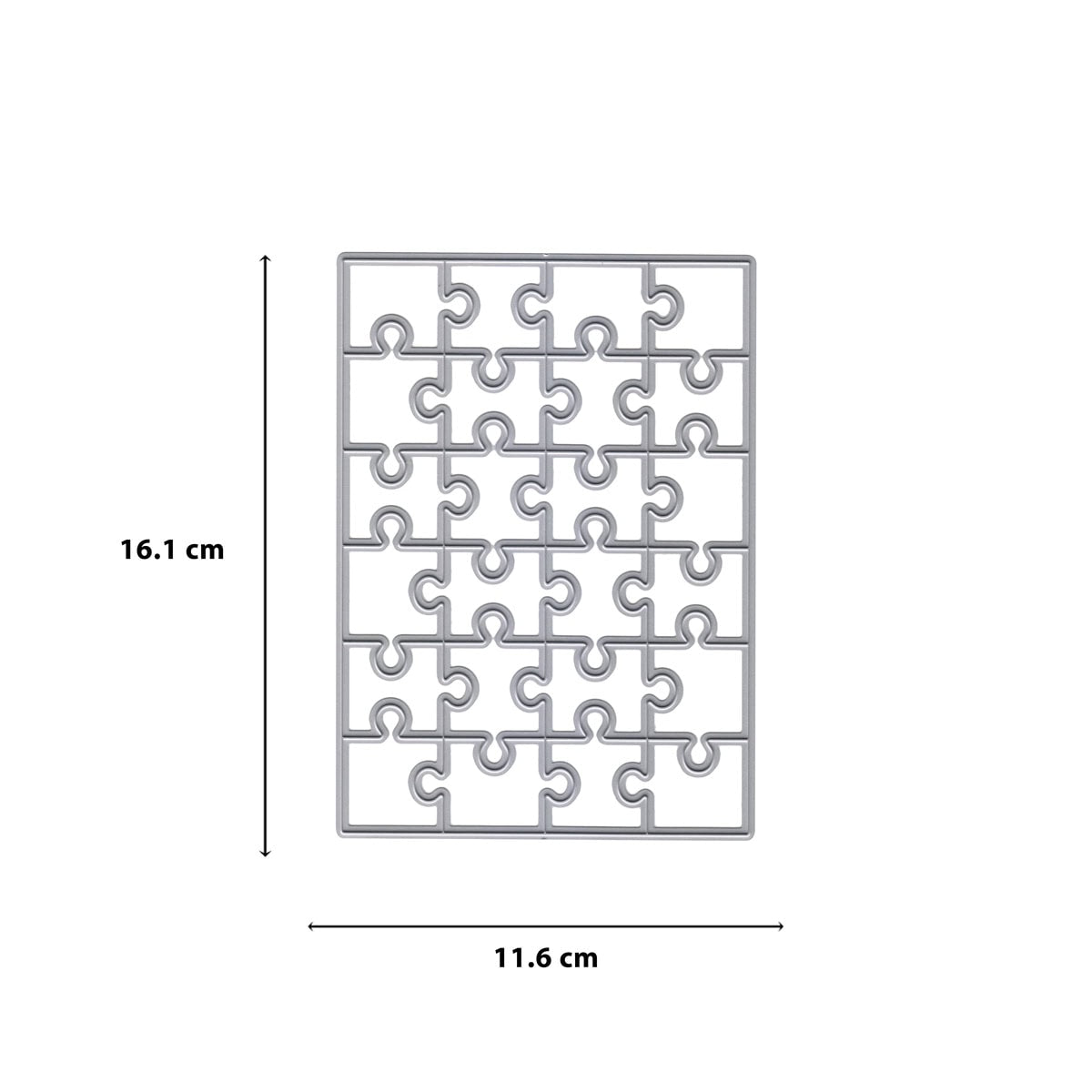 Die Stanzenshop.de Stanzschablone Puzzle 24-teilig ist ein rechteckiger Würfel für Karten (16,1 x 11,6 cm) mit Innenausschnitten, die klassische, zusammenhängende Puzzleformen ergeben.
